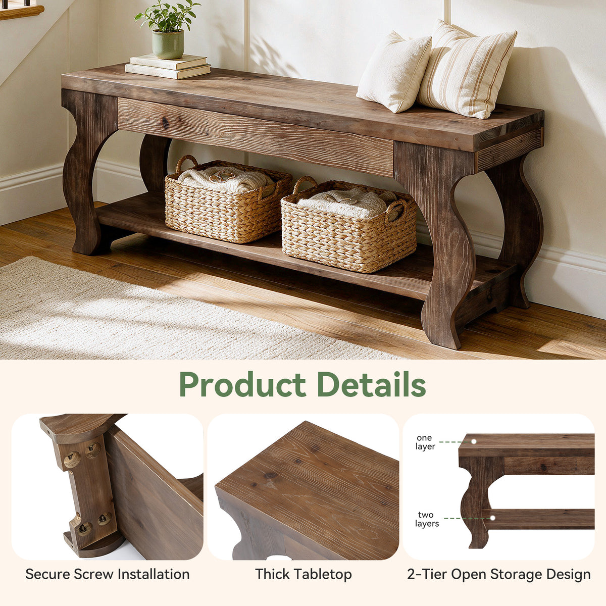 55" Solid Wood Entryway Bench with Storage Shelf, 2-Tier Farmhouse End of Bed Seat