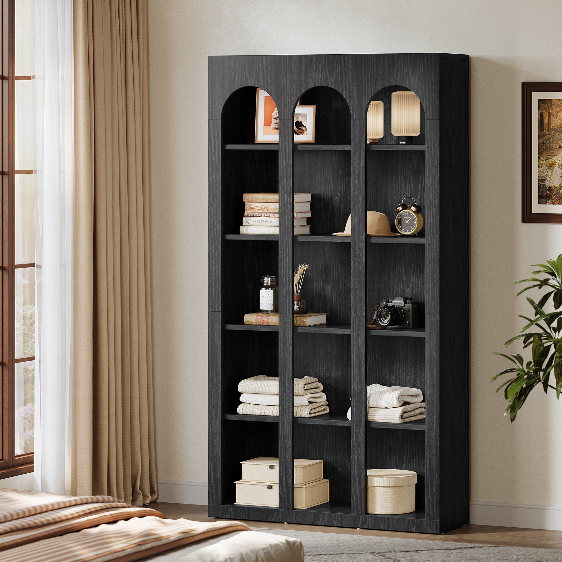 70.8" Arched 5-Tier Bookshelf with Open Shelves, Vintage Farmhouse Style Tall Display Bookcase