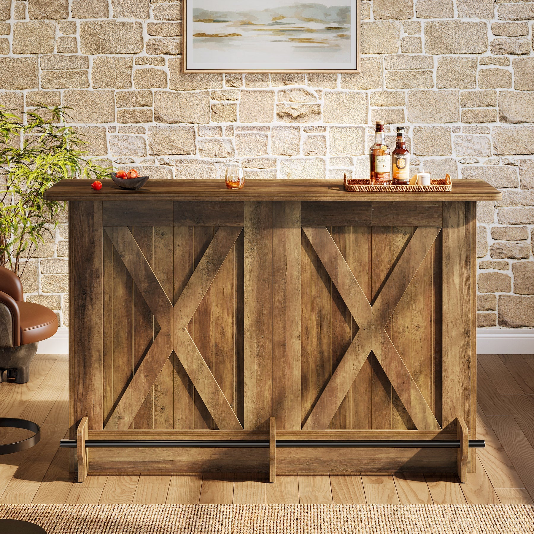 63" Home Bar Unit, 2-Tier Bar Table Coffee Cabinet with Footrest