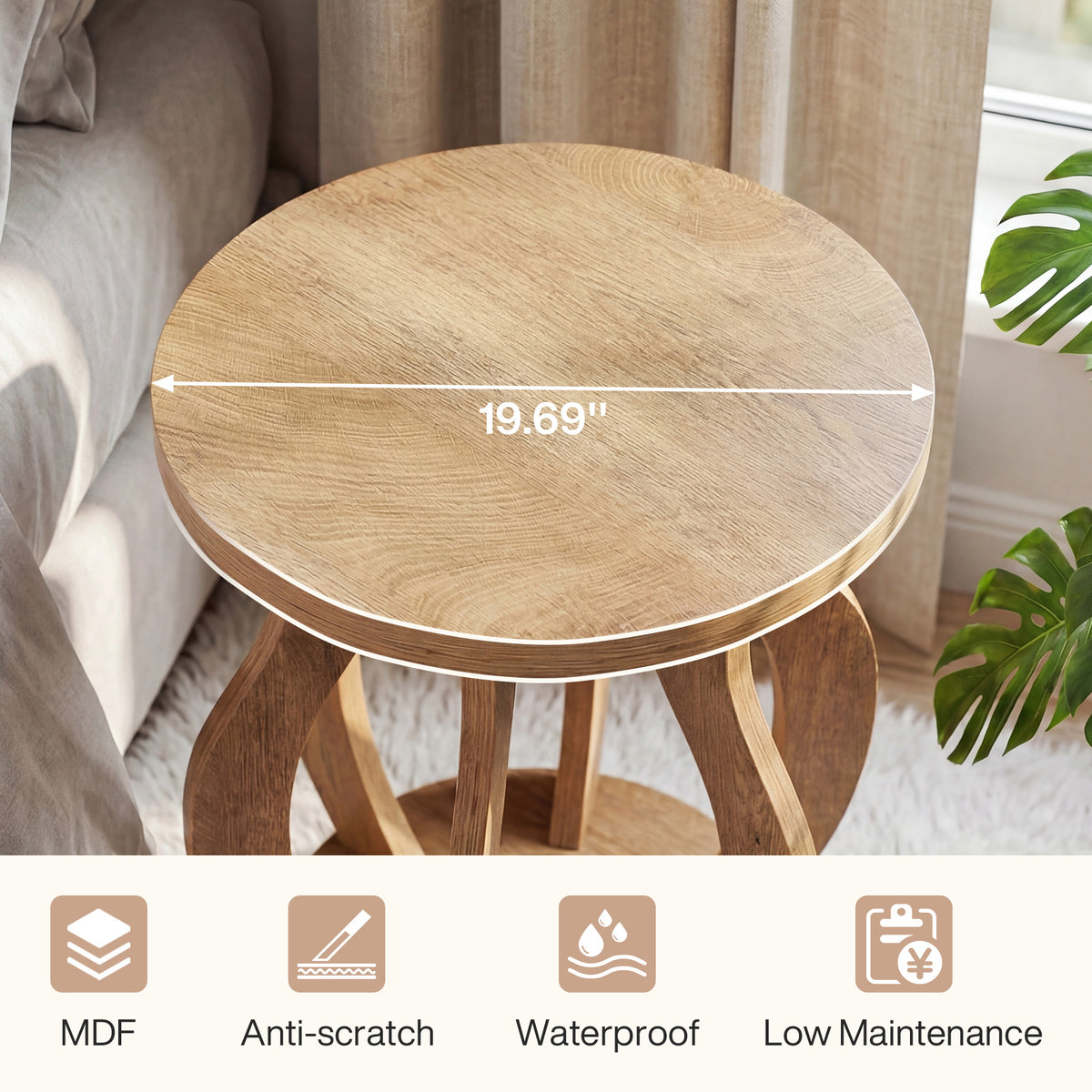 19.69" Curved Wooden Round Side Table for Small Spaces