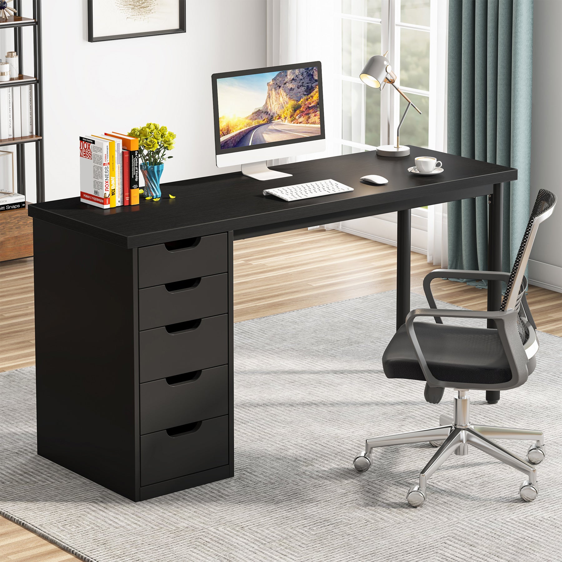 47" Computer Desk with 5 Drawers, Compact Storage Home Office Desk