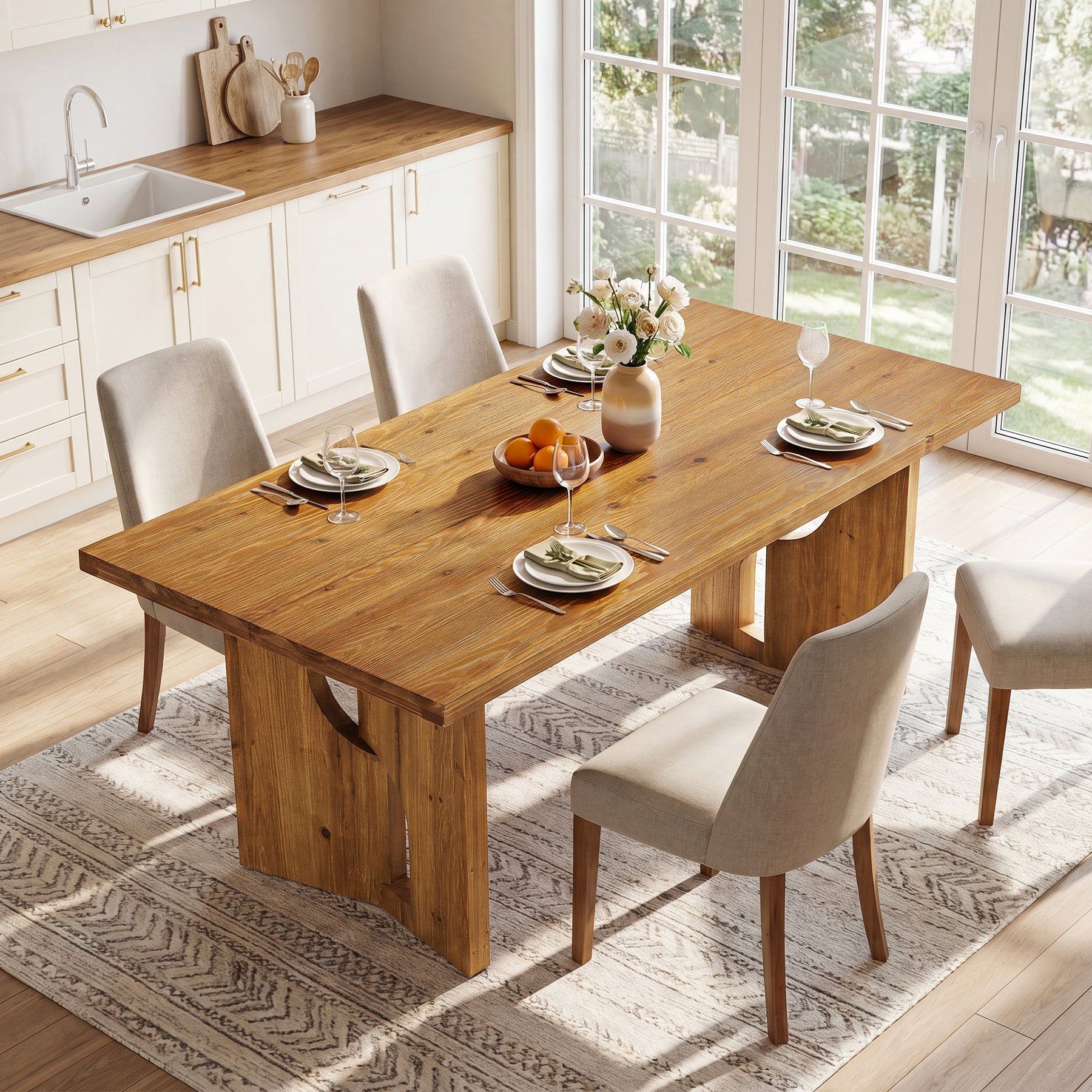 63" Solid Wood Dining Table for 4-6, Farmhouse Kitchen Table with Cutout Bases