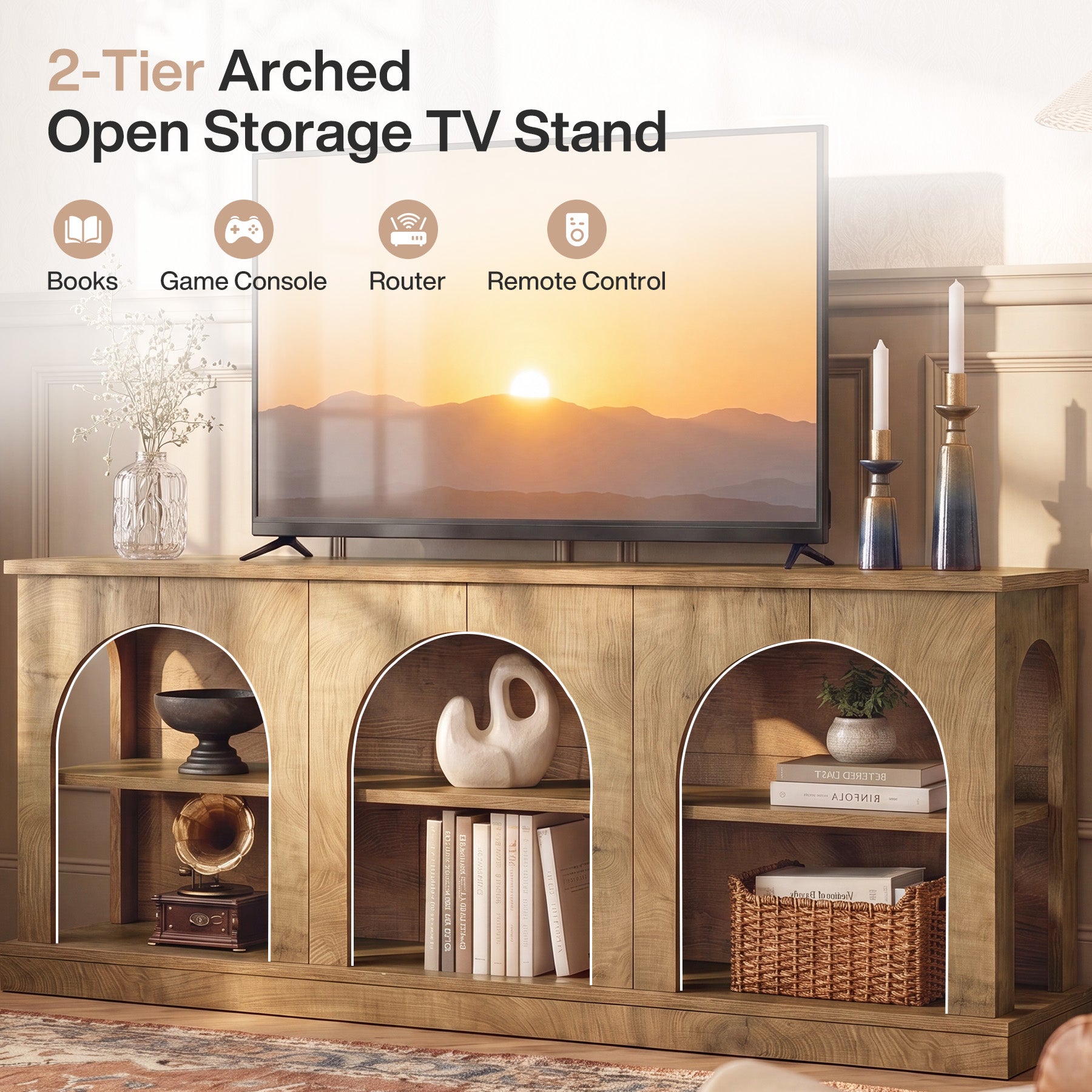 63" Farmhouse Entertainment Center, TV Stand with Storage Cabinets for 70 Inch TV