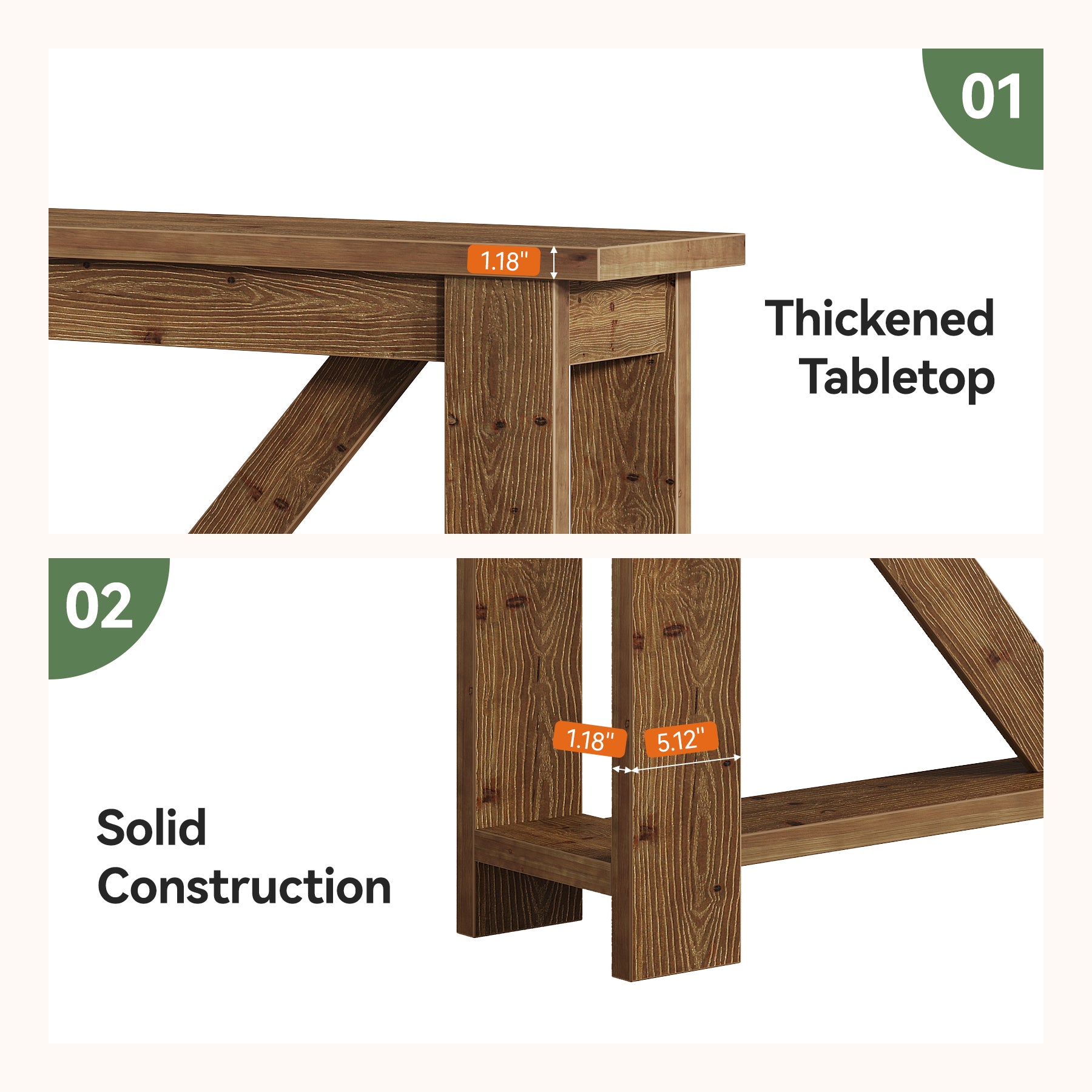 70.9" Solid Wood Console Table, 2-Tier Sofa Table Behind Couch with Storage