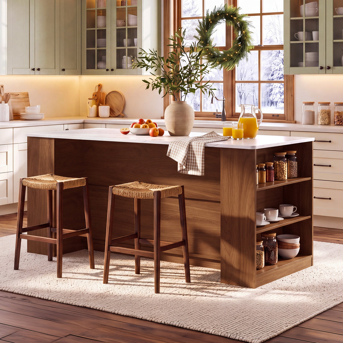 71" Bar Table, Farmhouse Counter Height Pub Table with Slatted Cabinet & 6 Open Shelves