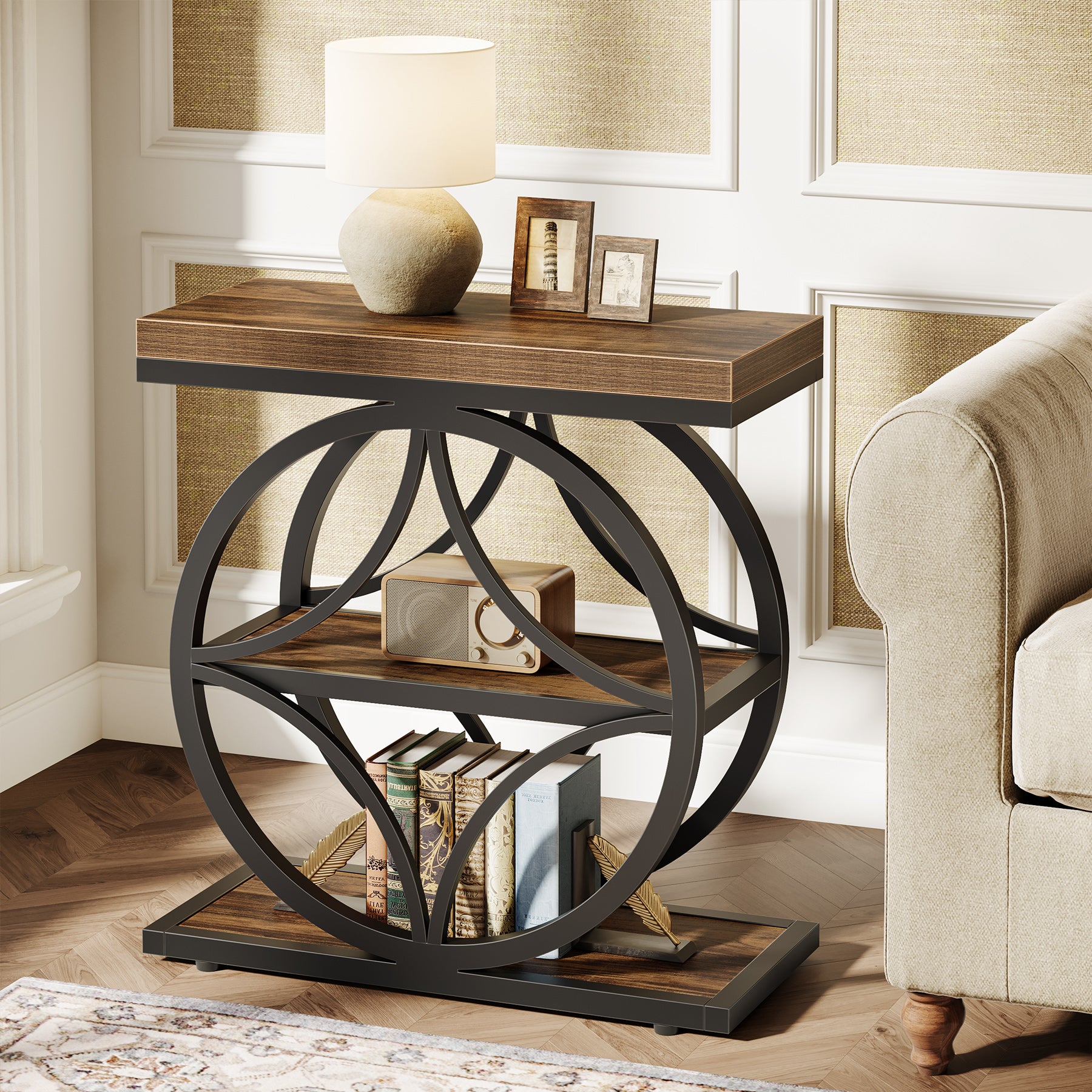 Industrial End Table, Narrow Bedside Table with 3 - Tier Storage Tribesigns