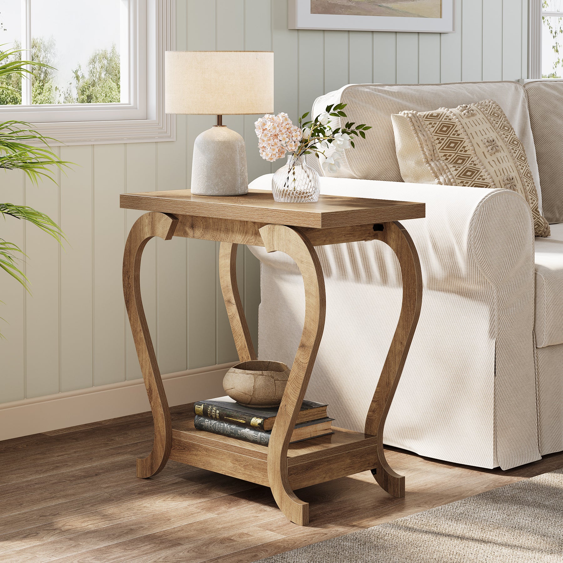 2-Tier End Table, Narrow Accent Side Table with with Storage Shelves