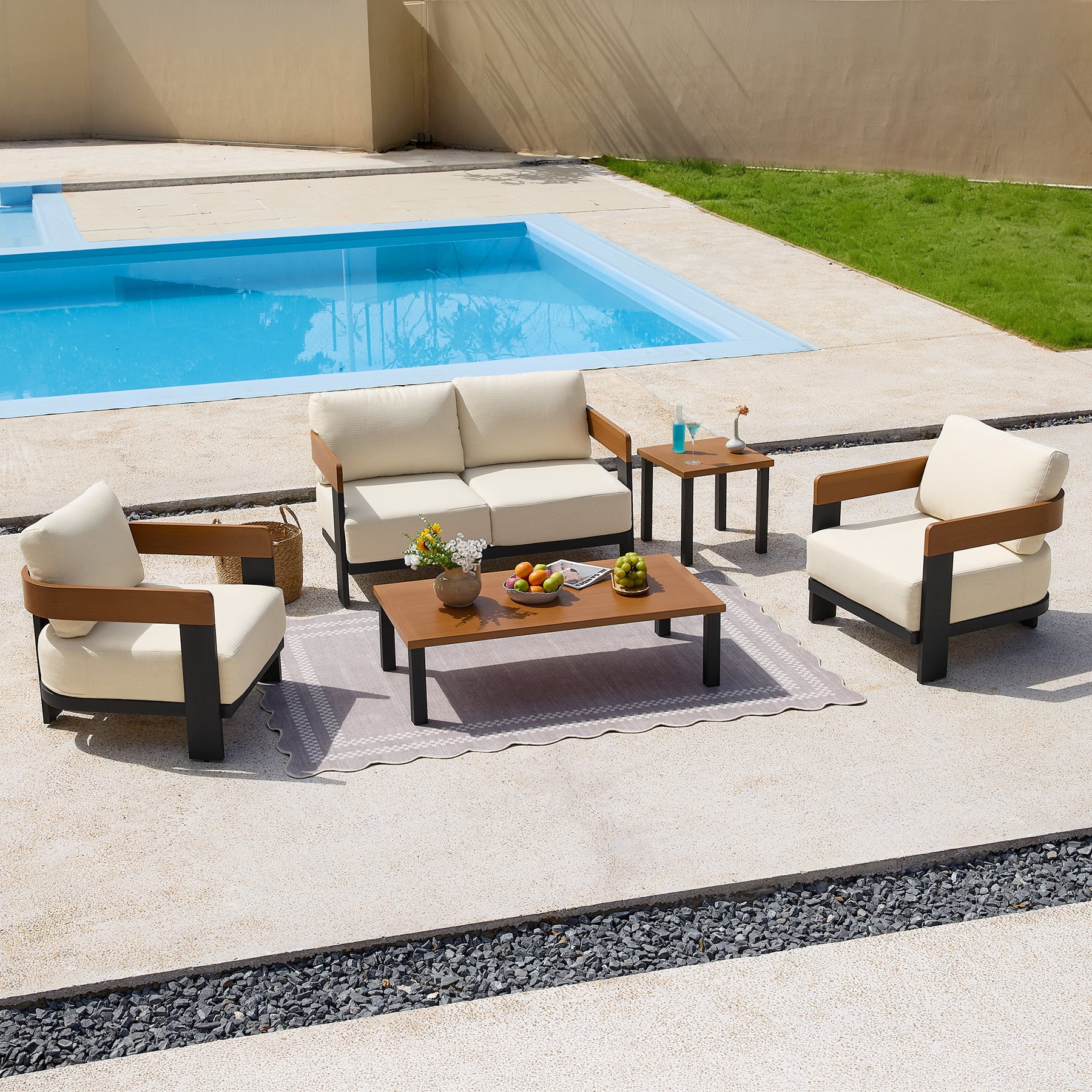 5-Piece Outdoor Conversation Set, 4 Seats Patio Sectional with Coffee Table & Side Table