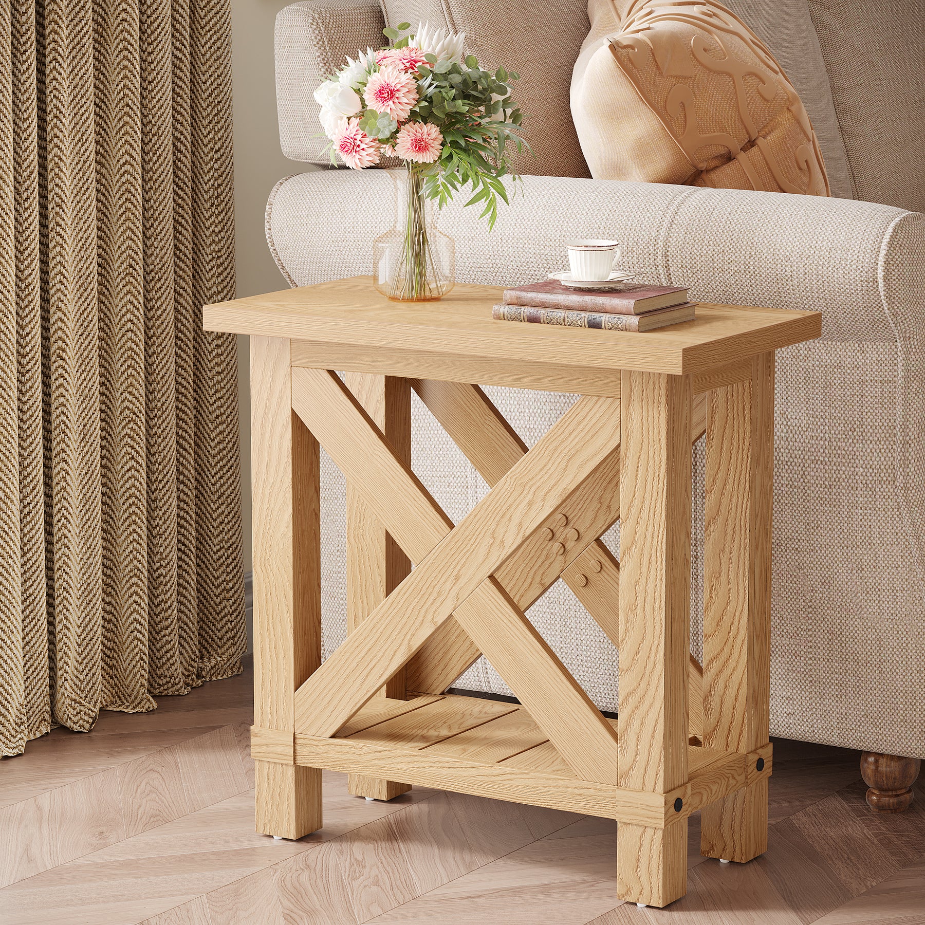 25" End Table, Farmhouse Bed Side Table with X Shape Frame