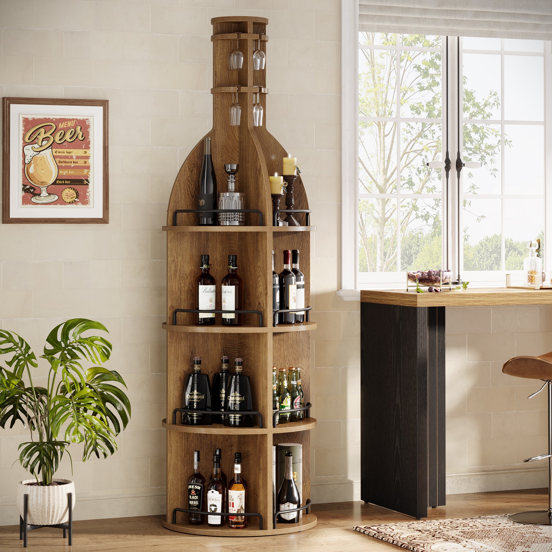 75" Wine Rack with Shelves, Round Wine Cabinet with Hanging Goblet Holder (No Lights)