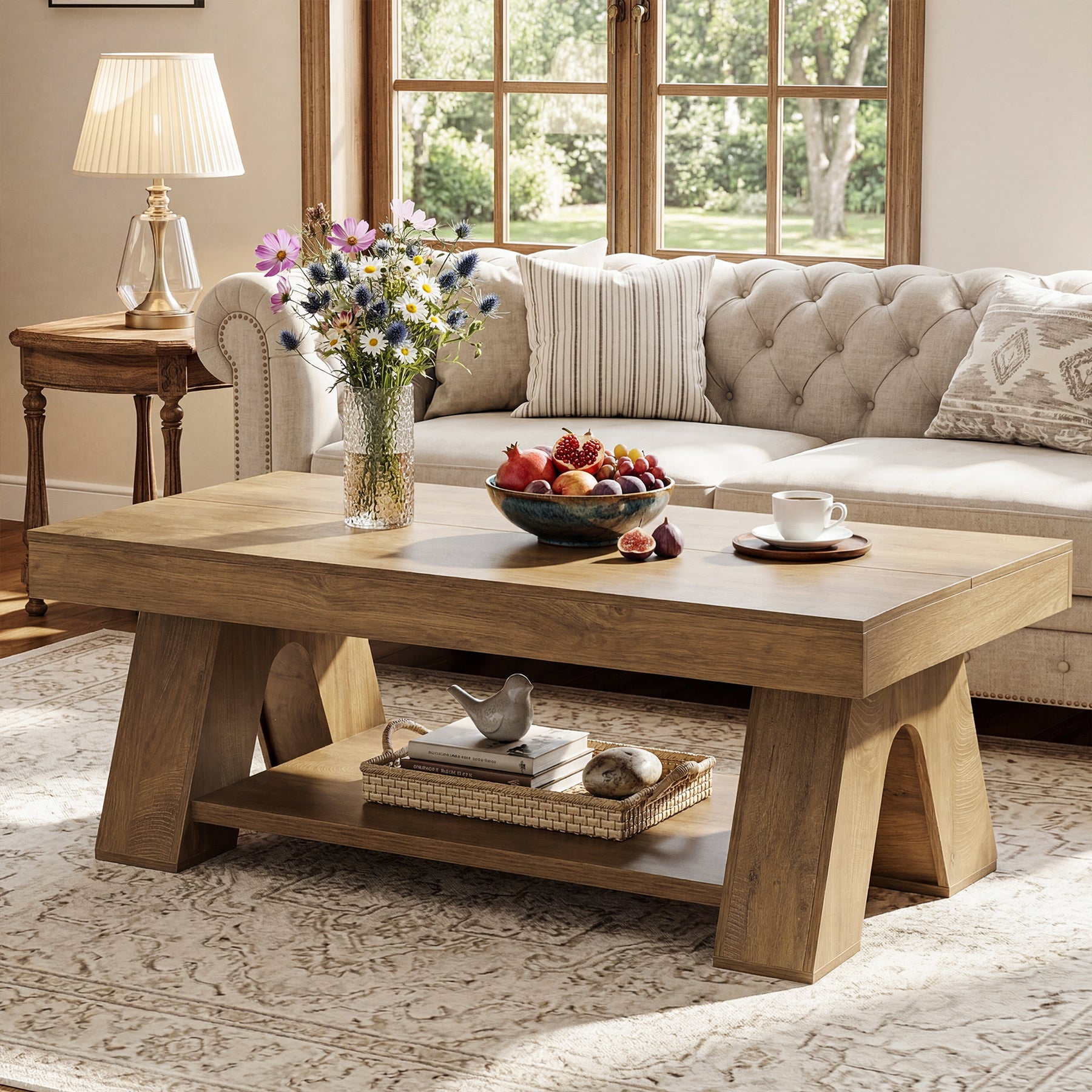 Tribesigns 55.1-Inch Farmhouse Coffee Table with Storage Shelf, Large Rectangle Center Table for Living Room