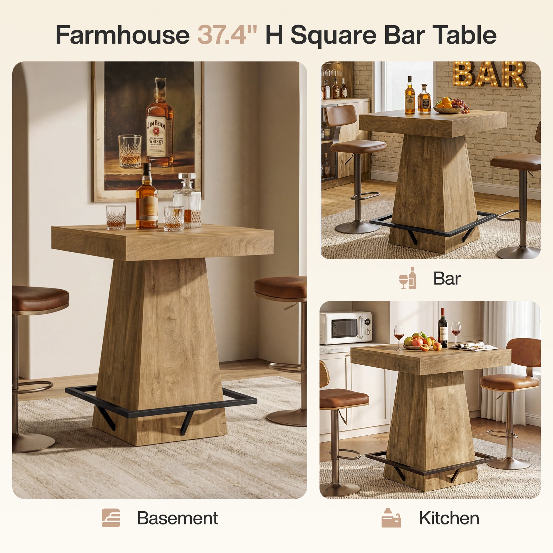 Tribesigns 37.4" Square Bar Table, Pub Table with Footrest for Dining Room