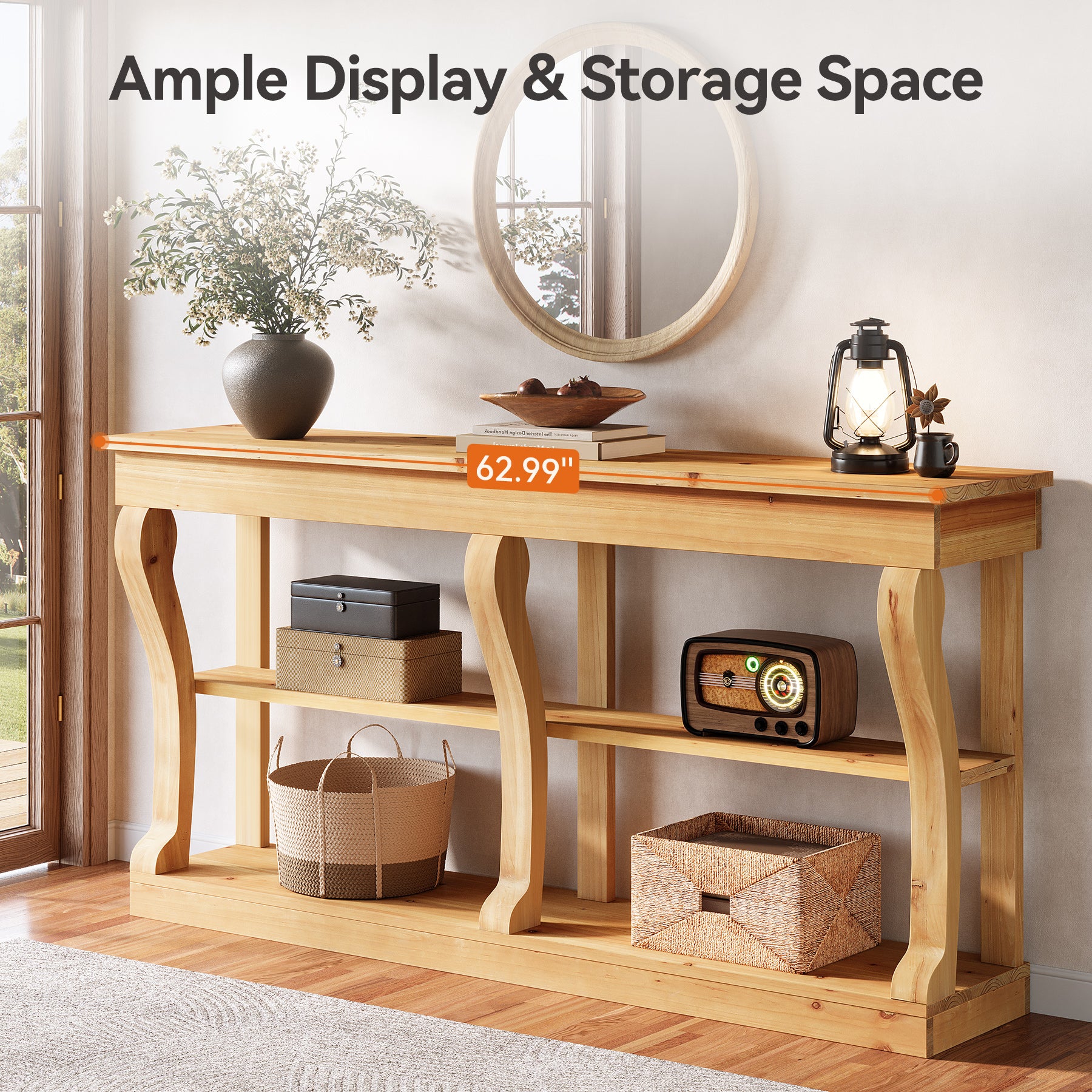 3-Tier Solid Wood Console Table, 63" Sofa Entryway Table with Storage