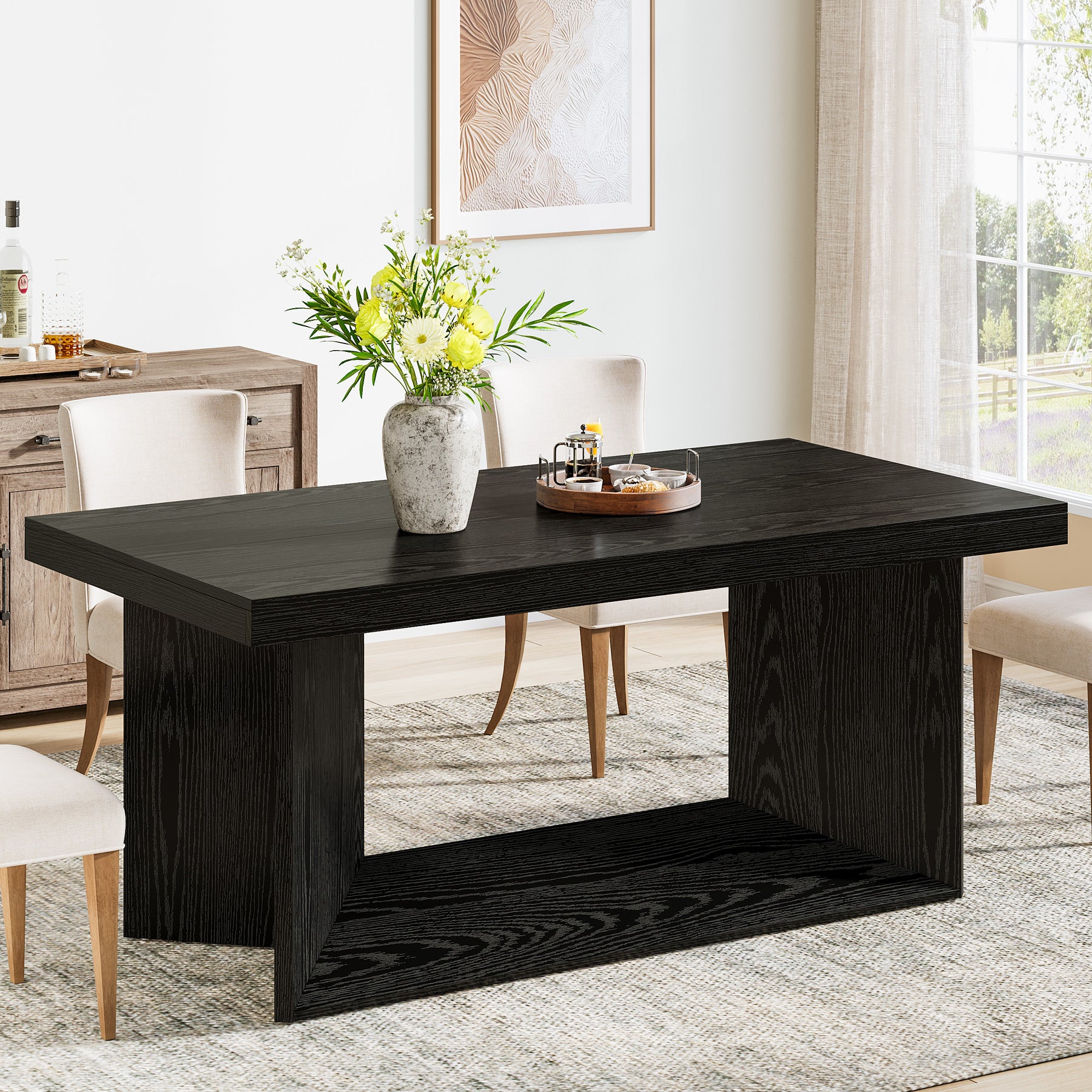 63" Dining Table, Farmhouse Kitchen Table with Heavy Duty Pedestal for 4-6