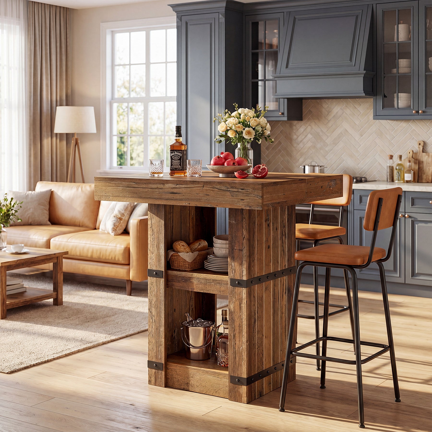 31.5" Square Bar Table, Counter Height Dining Table with Storage Base