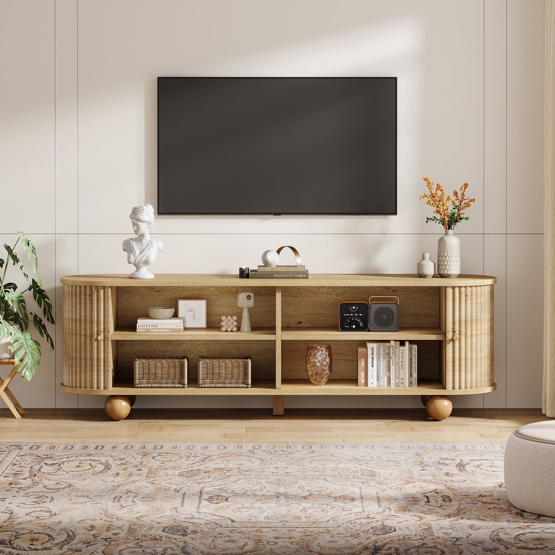 70" TV Stand, Farmhouse Media Console with Shelves and Sliding Doors