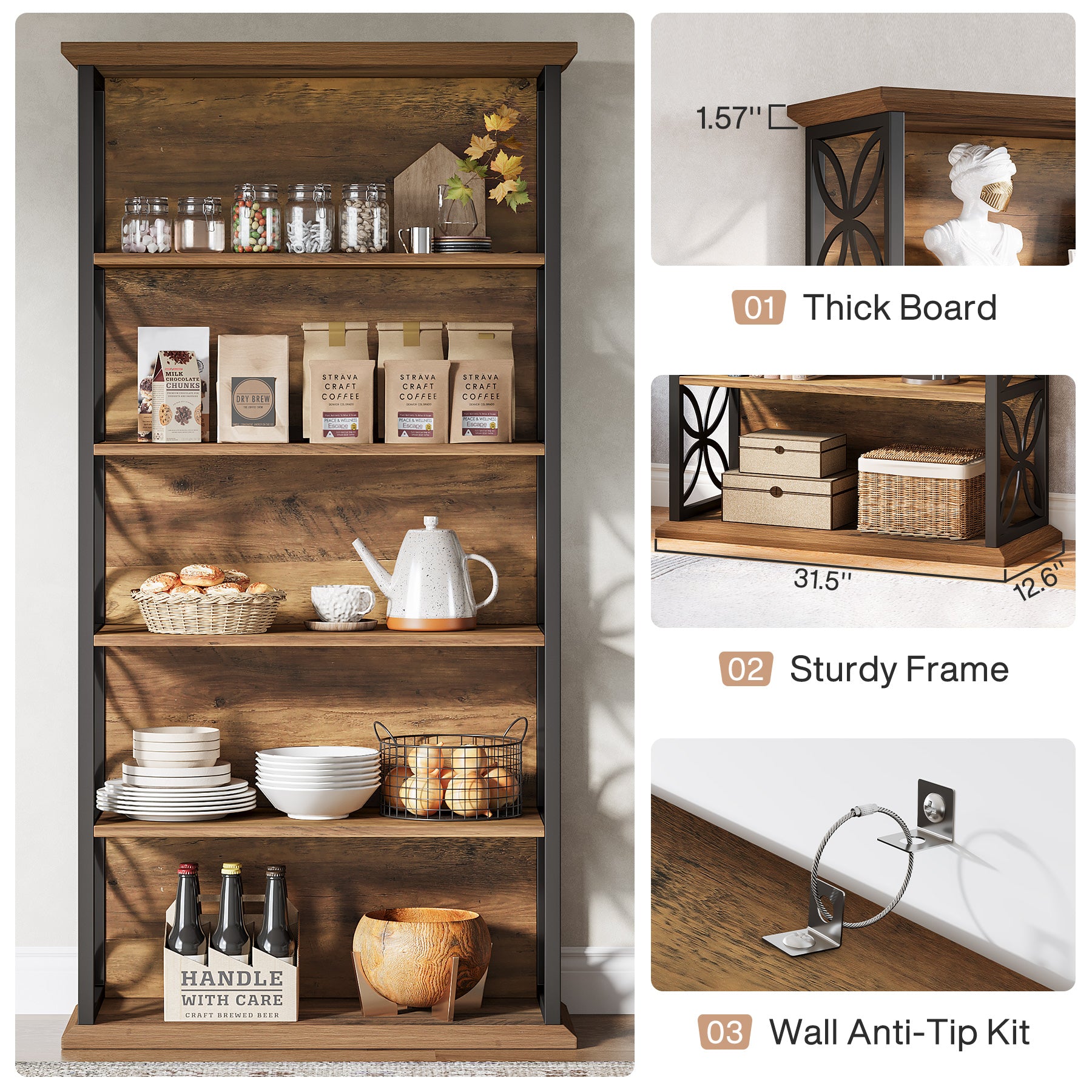 6 - Tier Bookshelf, 71" Industrial Bookcase Displaying Rack with Metal Frame Tribesigns