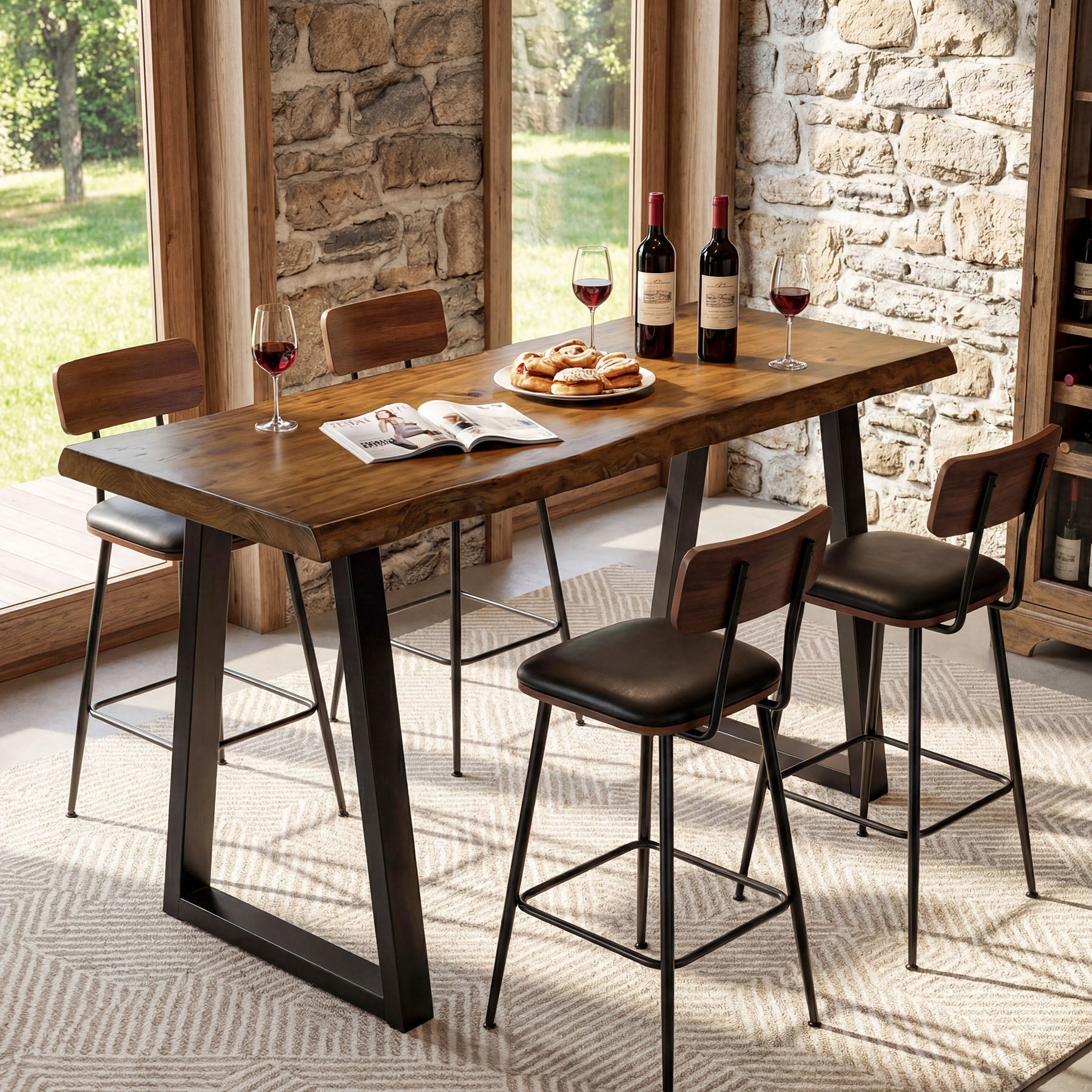 Solid Wood Bar Table, 63” Counter Height Table with Metal Legs for Kitchen