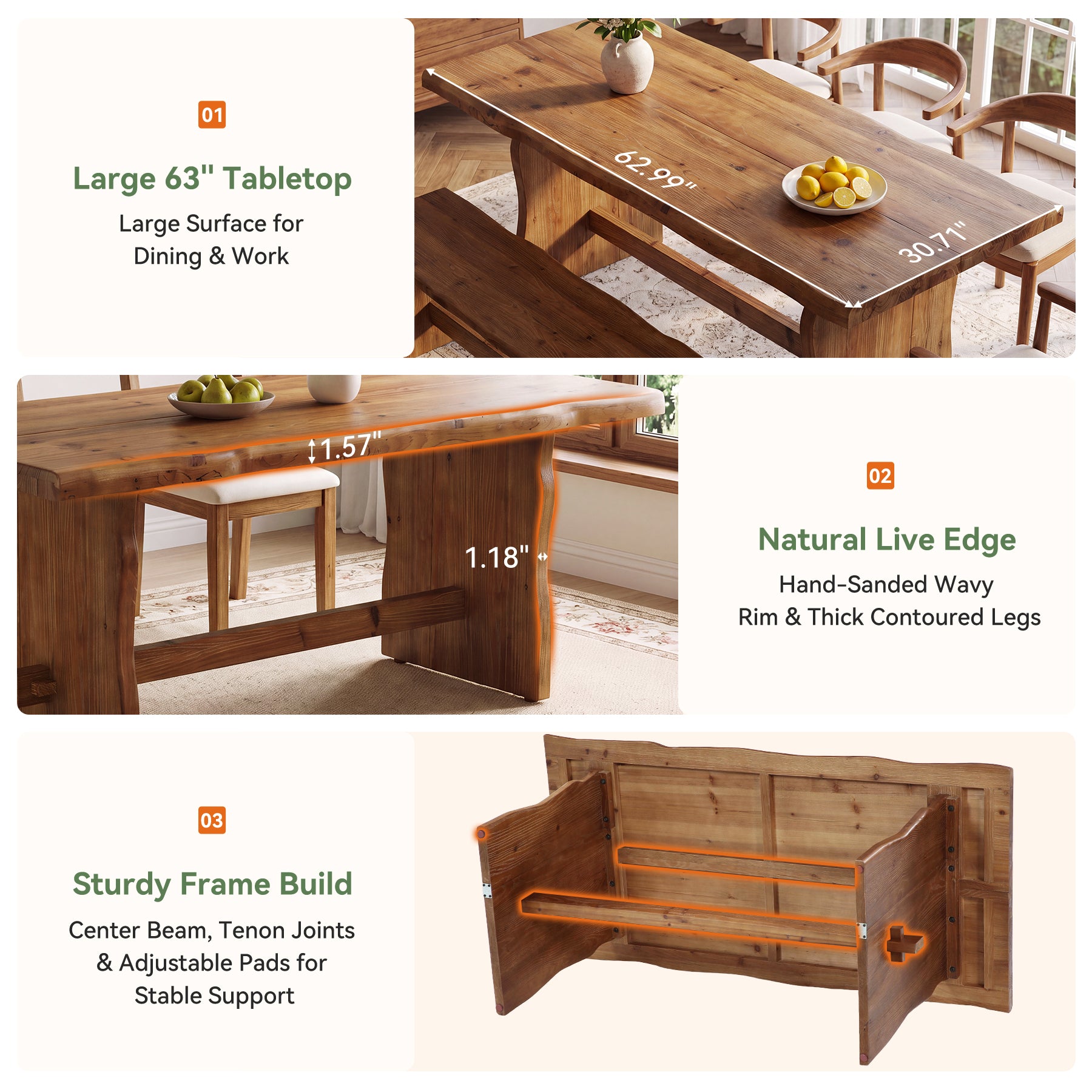 63" Solid Wood Dining Table, Live Edge Rectangular Kitchen Table for 4-6 People
