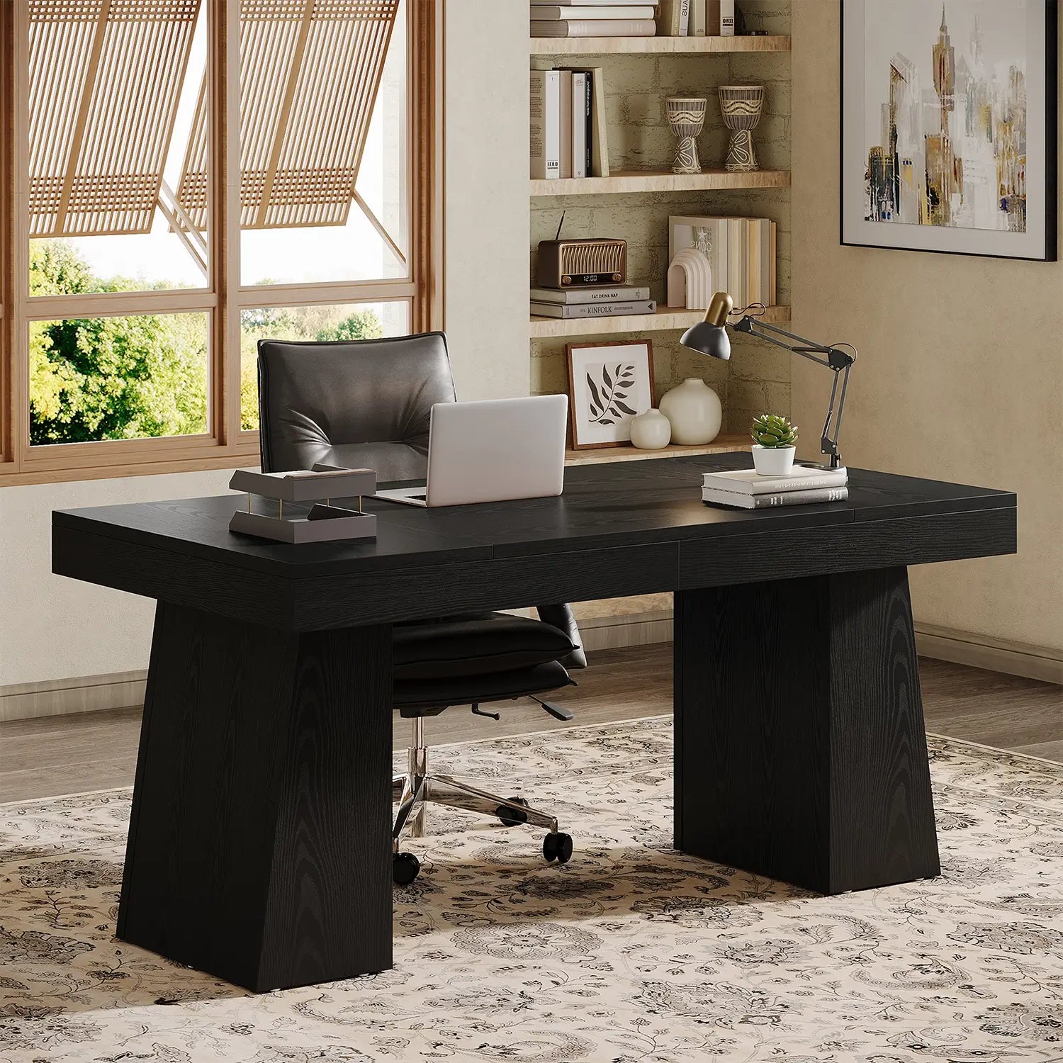 55" Executive Desk with Double Trapezoid Base, Modern Wooden Computer Desk for Home Office