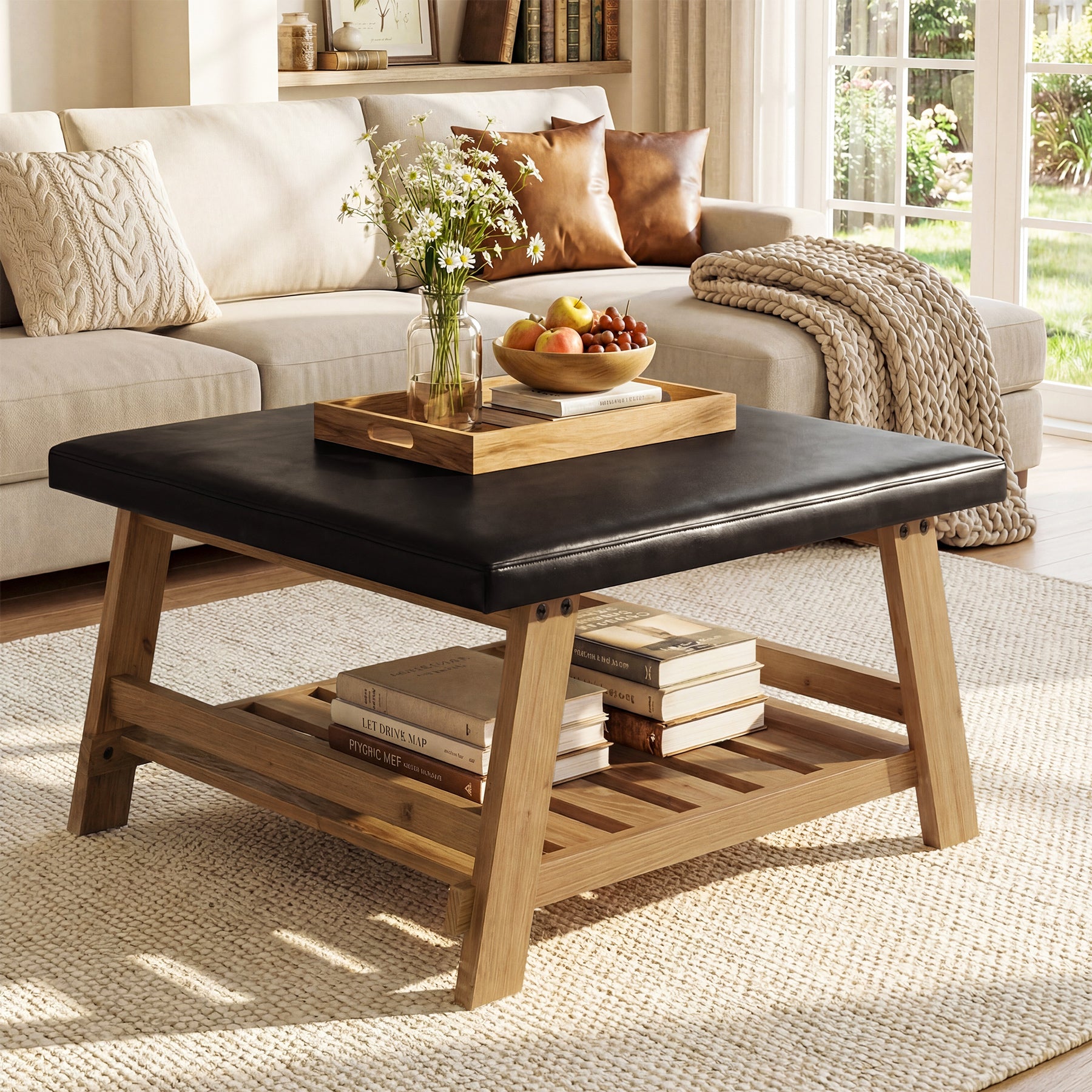 31.5" Square Ottoman Coffee Table with Storage Shelf