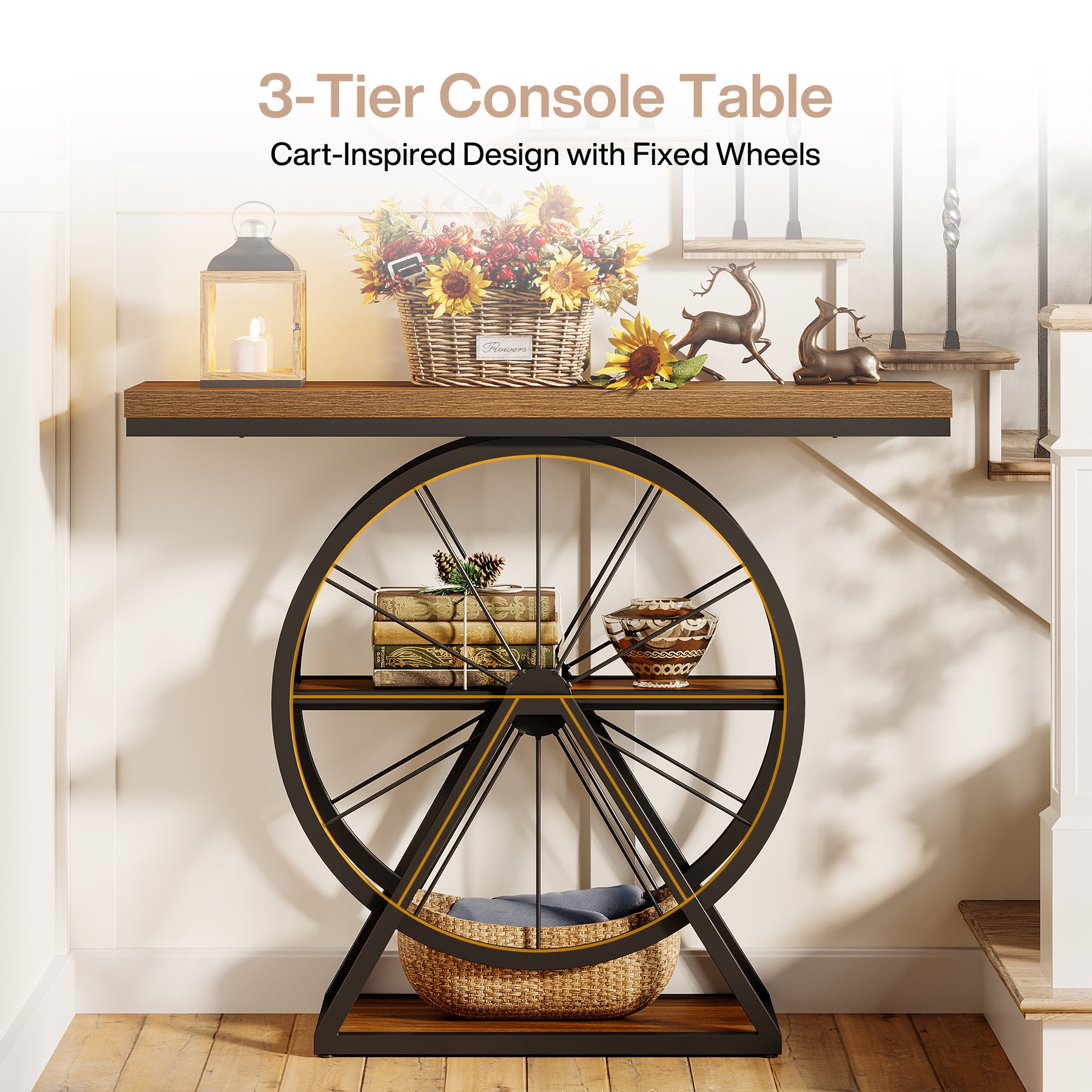39.4" Industrial 3-Tier Console Table with Wheels, Narrow Entryway Sofa Table with Storage