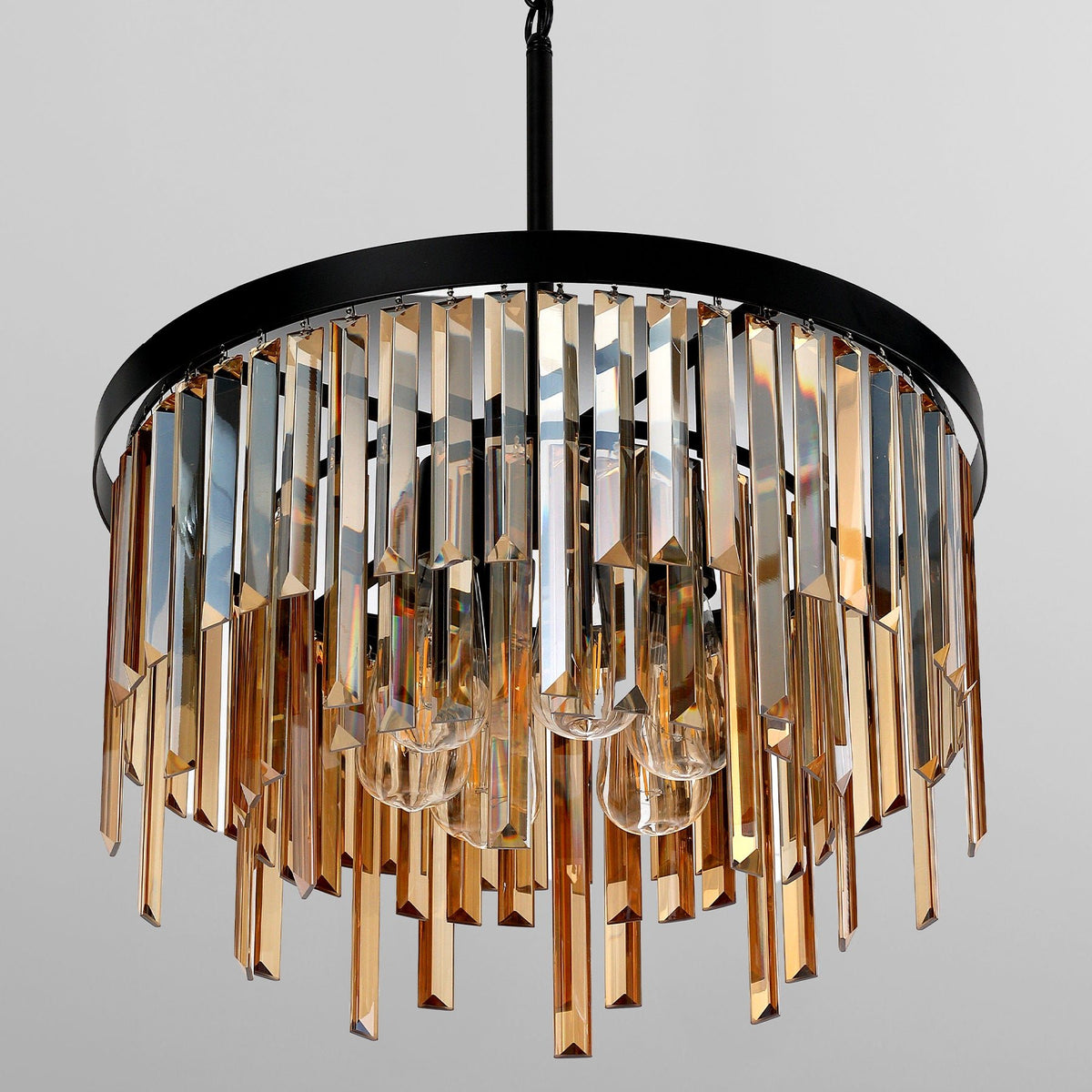 20" Modern Crystal Chandelier, 6-Light Black Pendant Light with Amber Crystal