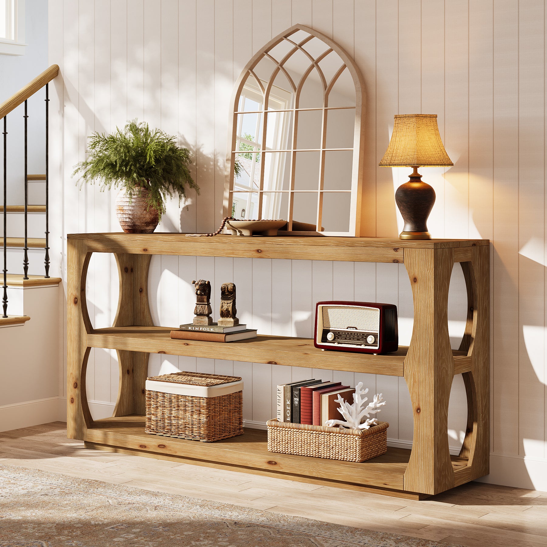 63" Solid Wood Console Table, Farmhouse Narrow Entryway Sofa Table with 3-Tier Storage