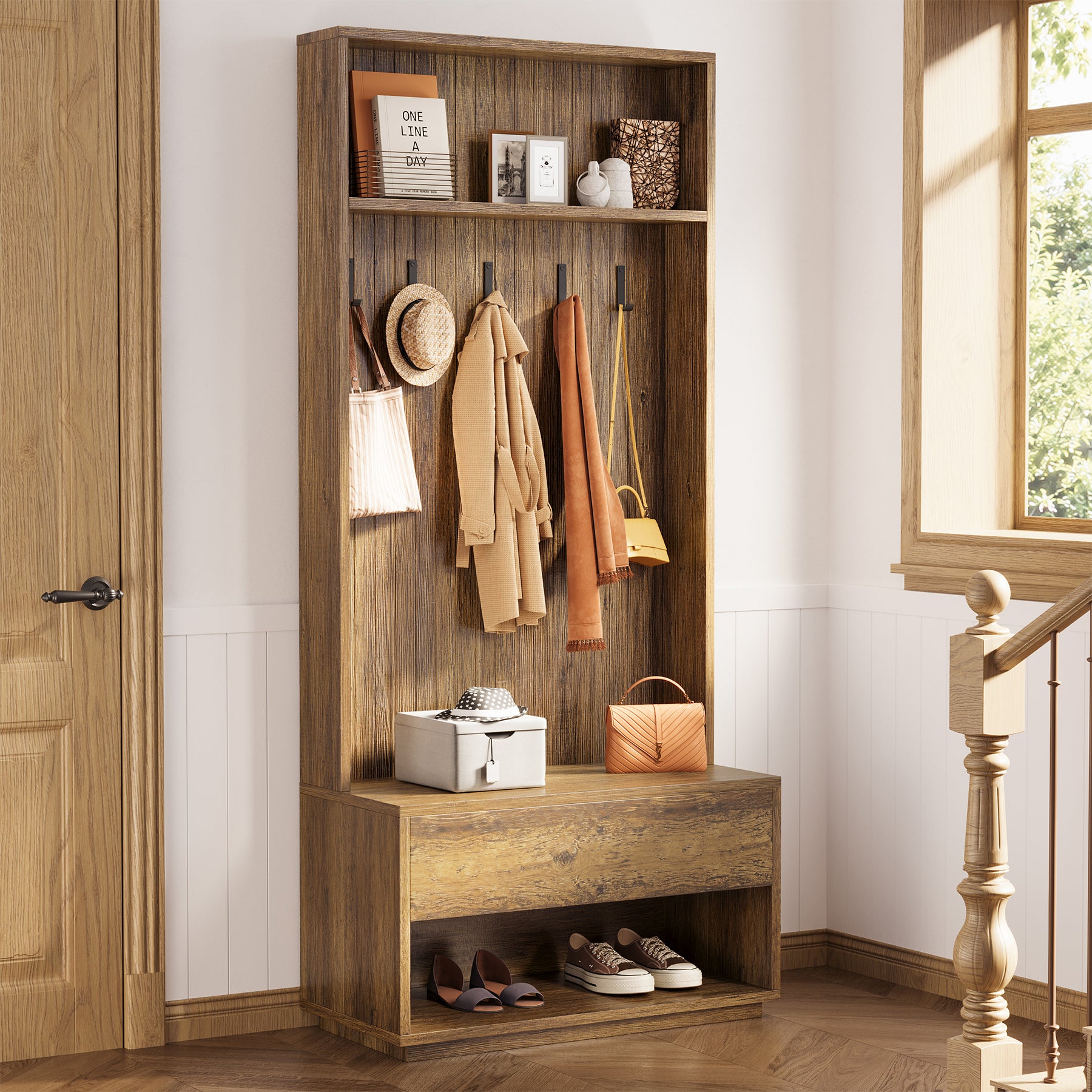 70.87-Inch Hall Tree with Bench and Shoe Storage, 5-in-1 Organizer with Drawer and 5 Hooks