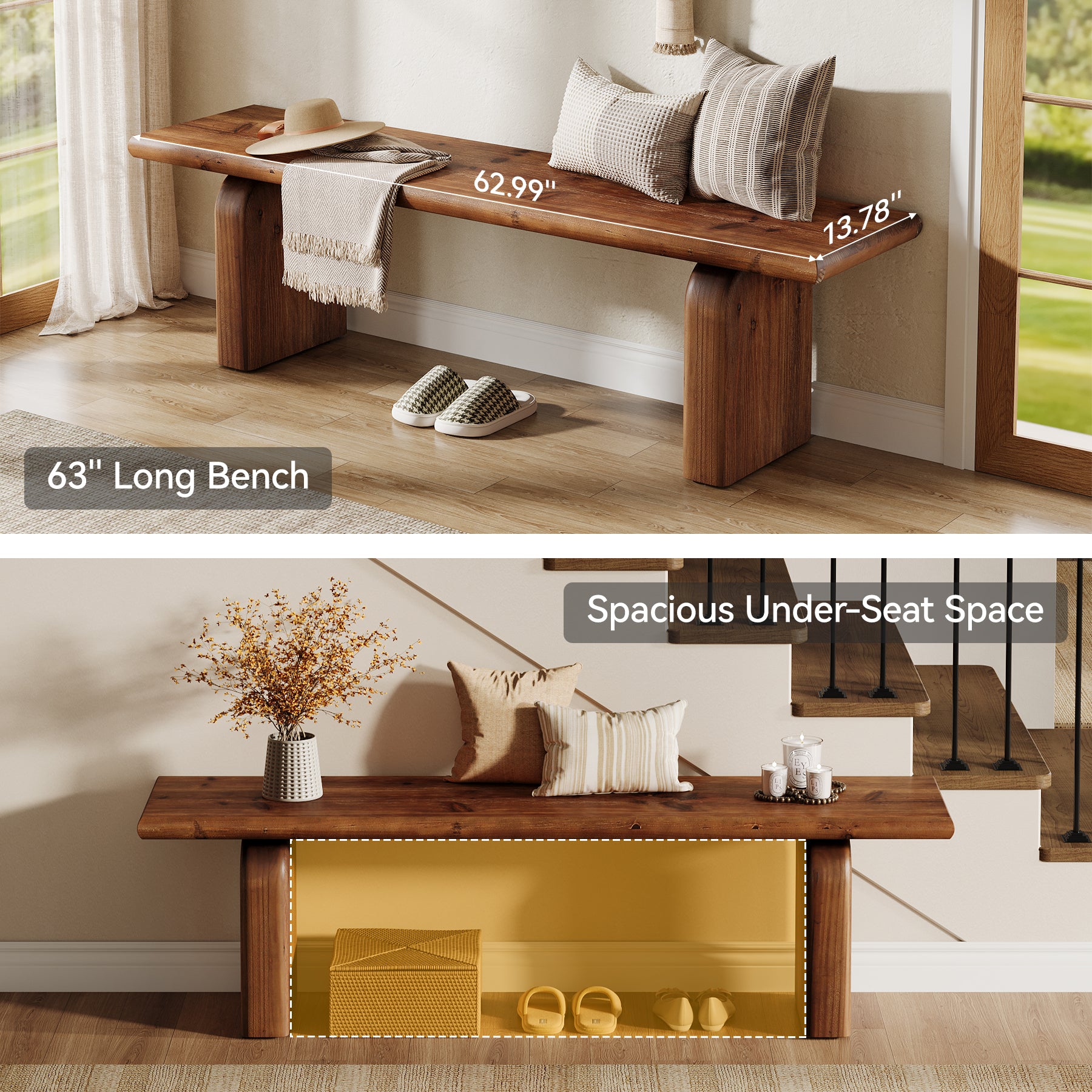 62.99" Solid Wood Entryway Bench, Farmhouse Indoor End of Bed Bench