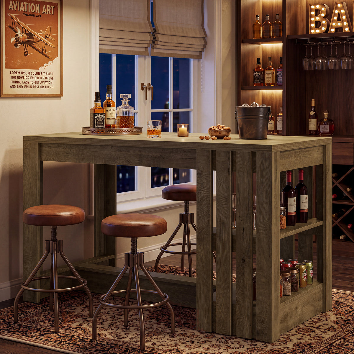55" Bar Table, Farmhouse Counter Height Pub Table with 2-Tier Storage & Slatted Side Panel