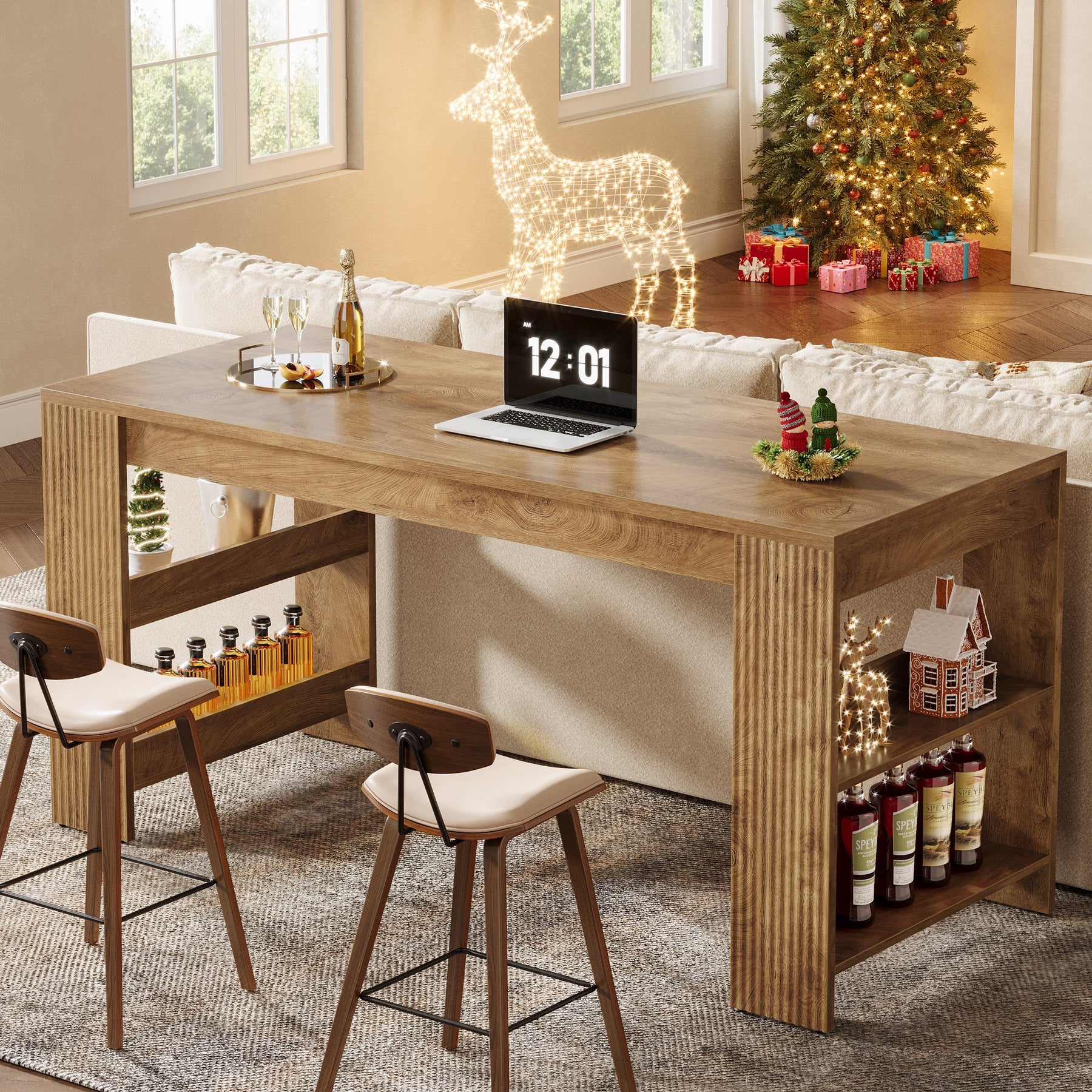 63" Kitchen Island, Large Home Bar Table with Double-Sided Storage Shelves