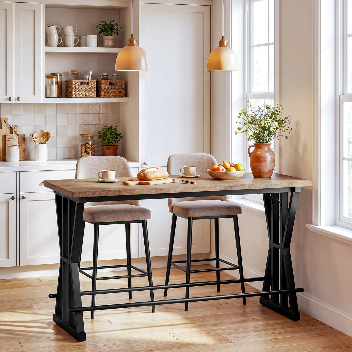 63" Bar Table with X-Frame Metal Legs, Industrial Counter-Height Pub Table for 4-6