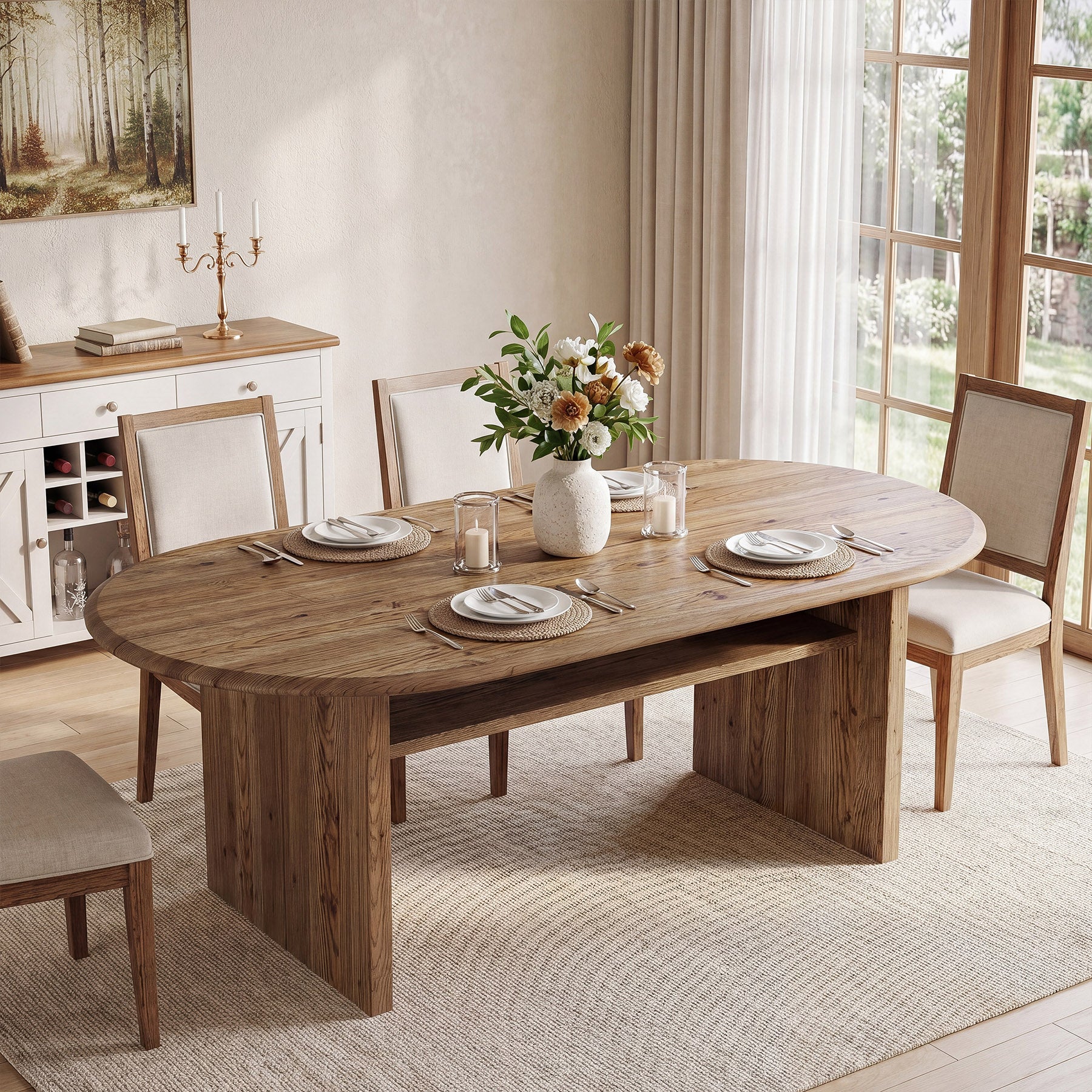 63" Solid Wood Dining Table for 6, Oval Kitchen Table with Storage for Dining Room