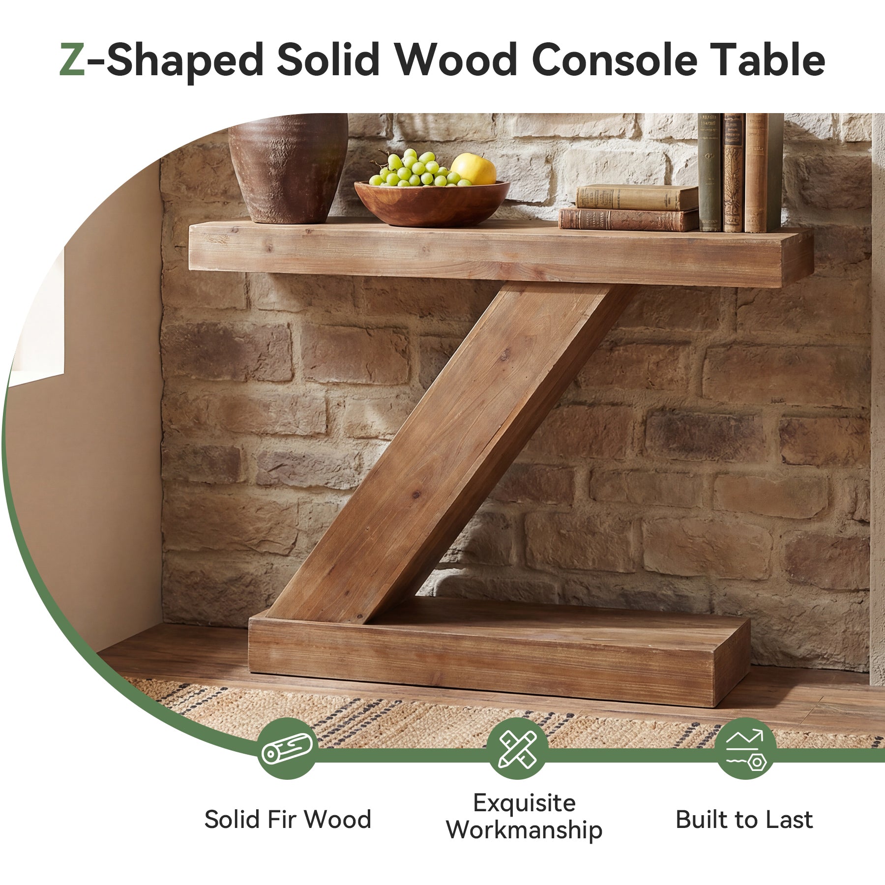 41.3” Solid Wood Z-Shape Console Table, Modern Narrow Entryway Sofa Table for Living Room or Hallway