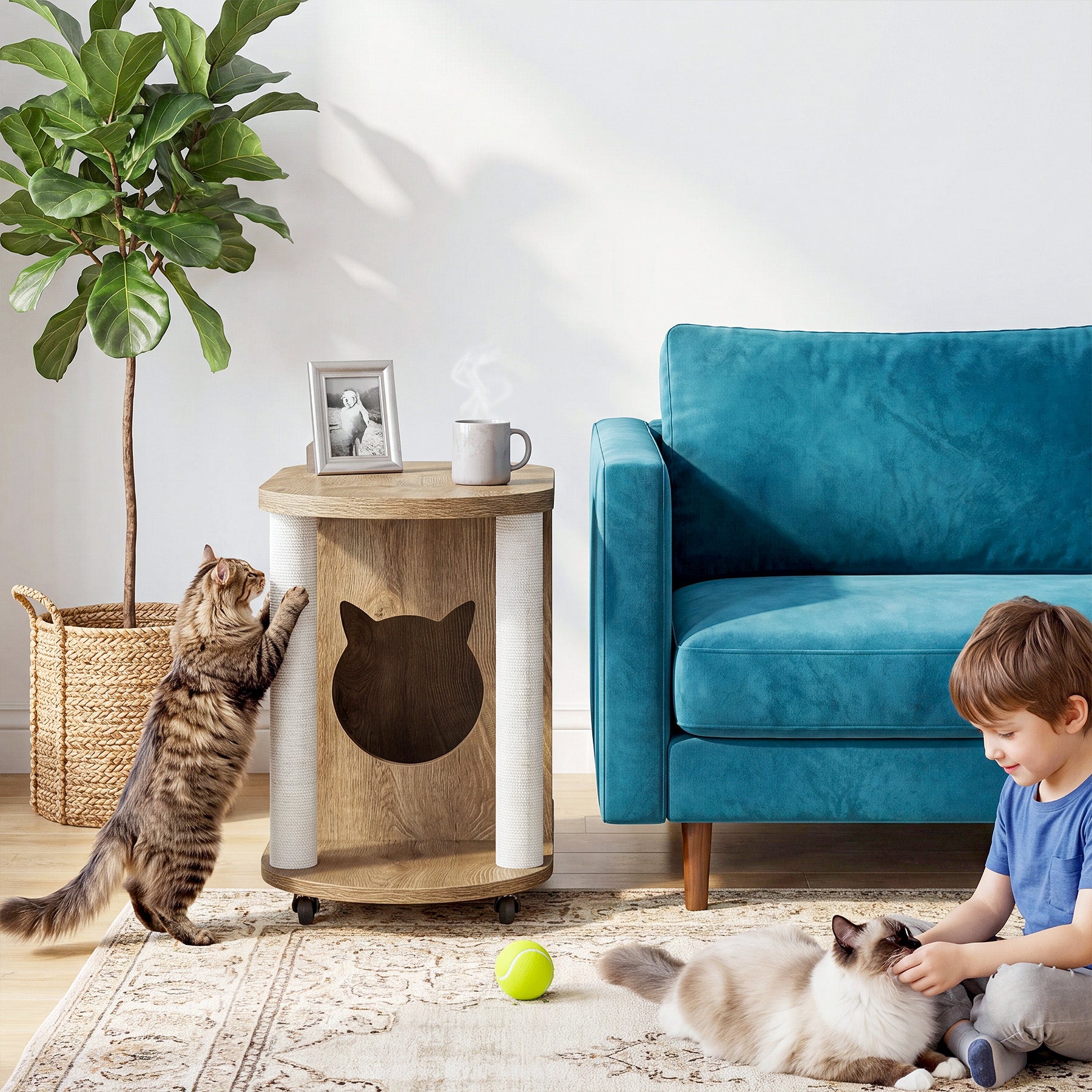 Rolling Sofa Side Table, End Table with Scratching Posts and Cat Bed