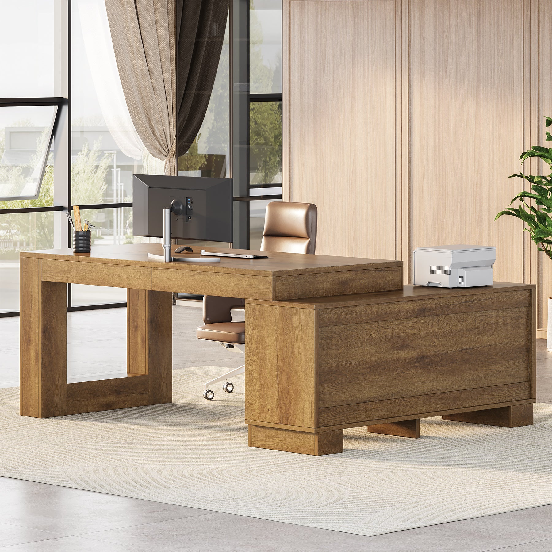 63" Computer Desk, L-shaped Executive Desk with Storage Cabinets