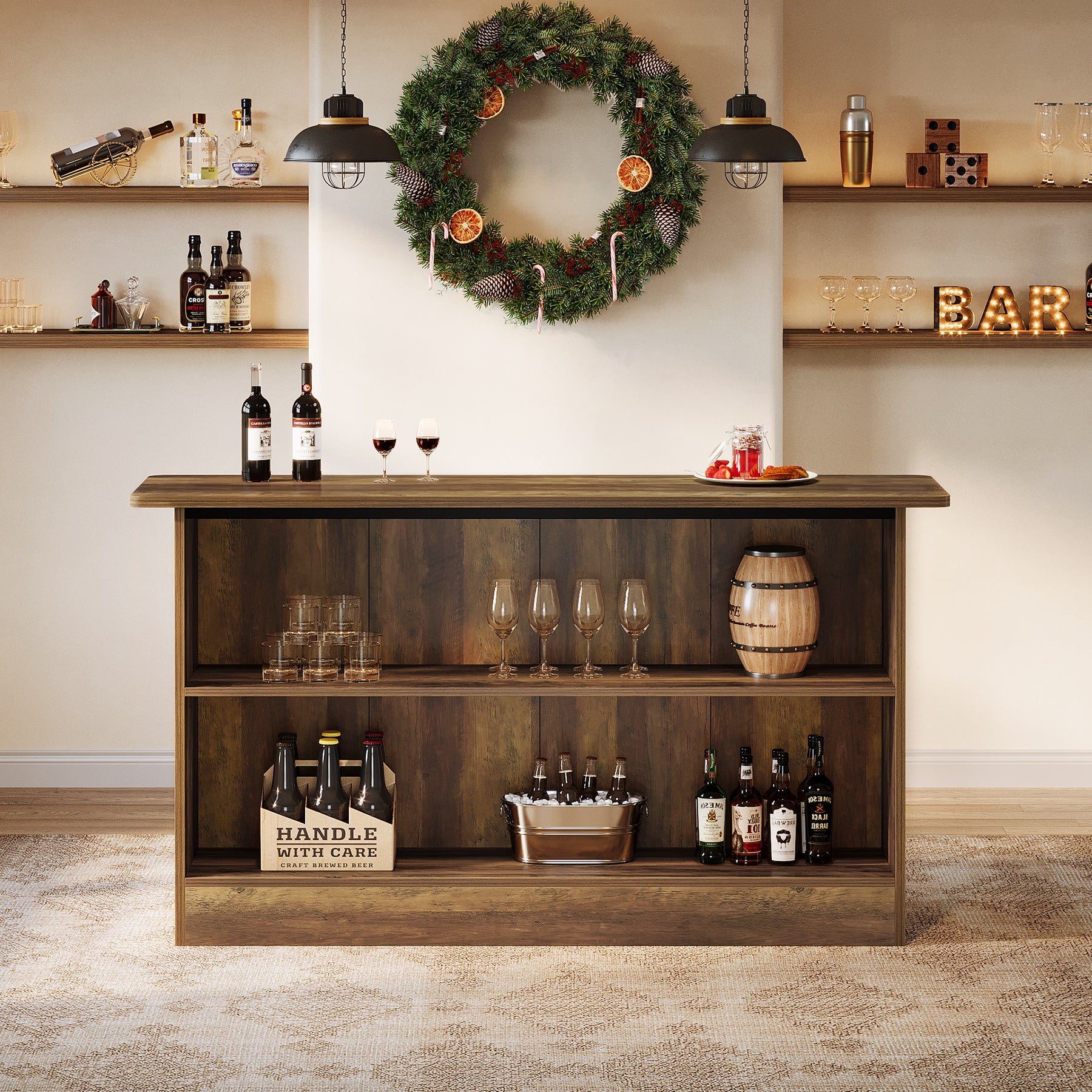 63" Home Bar Unit, 2-Tier Bar Table Coffee Cabinet with Footrest