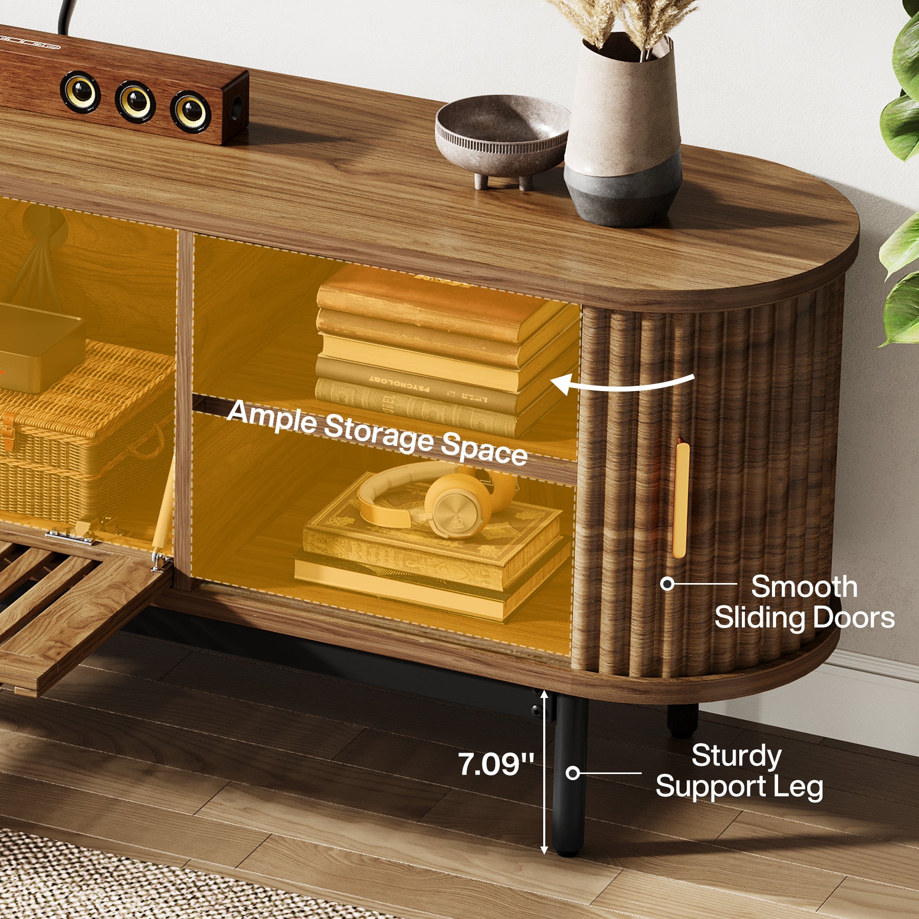 70" TV Stand for TVs up to 80", Fluted TV Console with Metal Legs & Sliding Doors