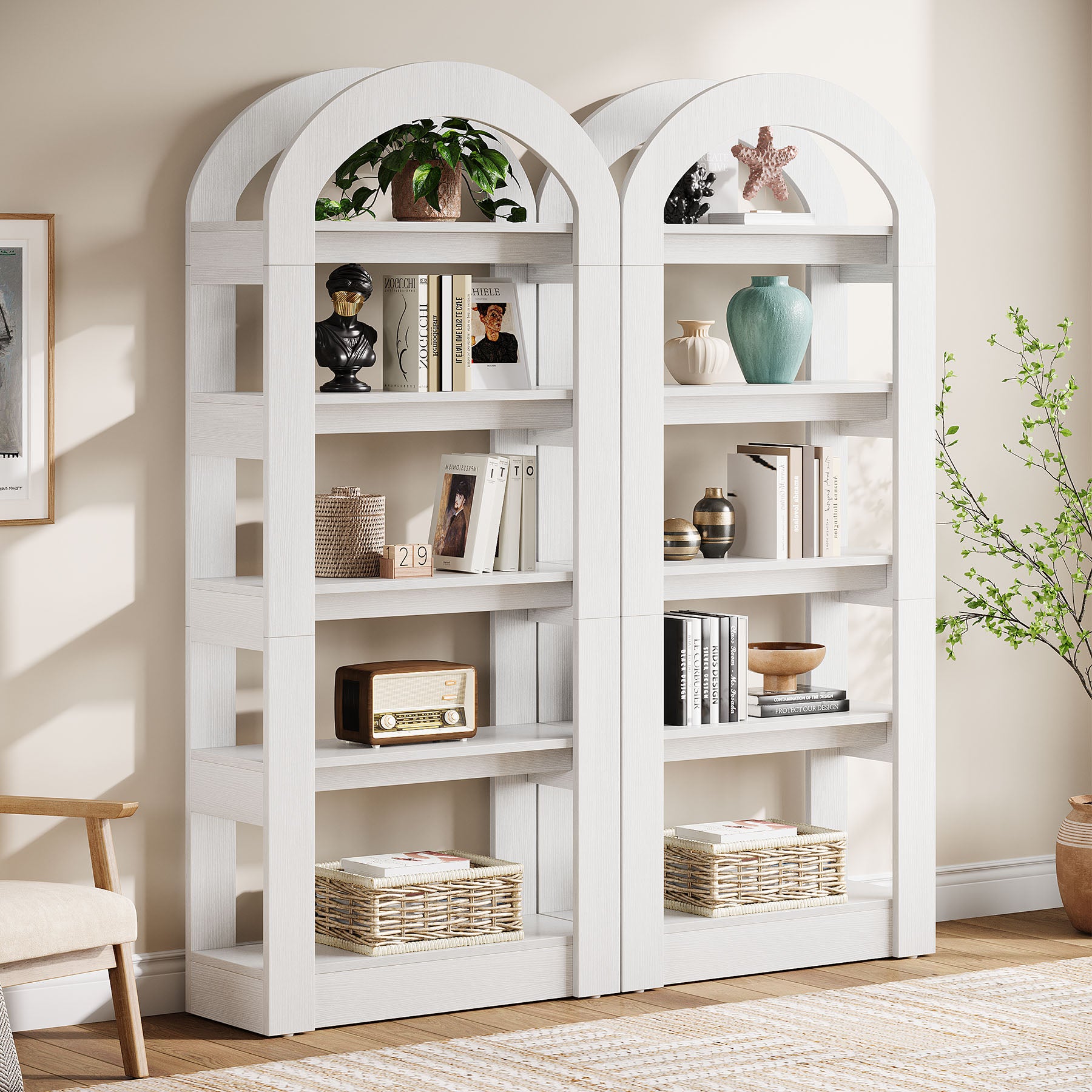 5-Tier Wooden Bookshelf with Arched Top, Tall Display Bookcase Shelf