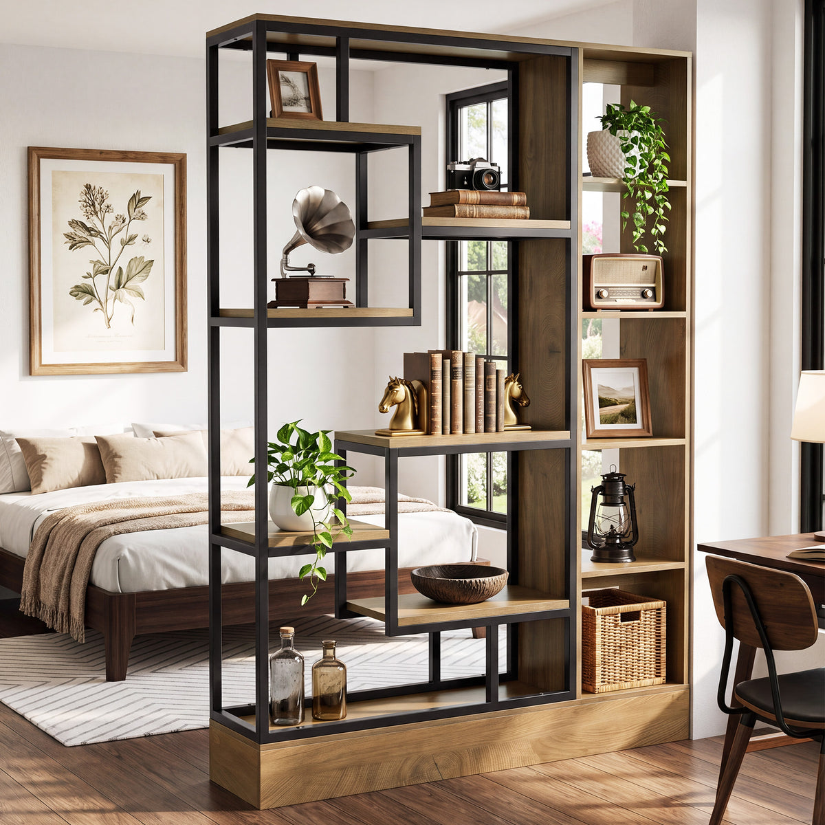70.9" Wall Room Divider, Industrial Privacy Screen Partition with Open Shelves & Metal Frame