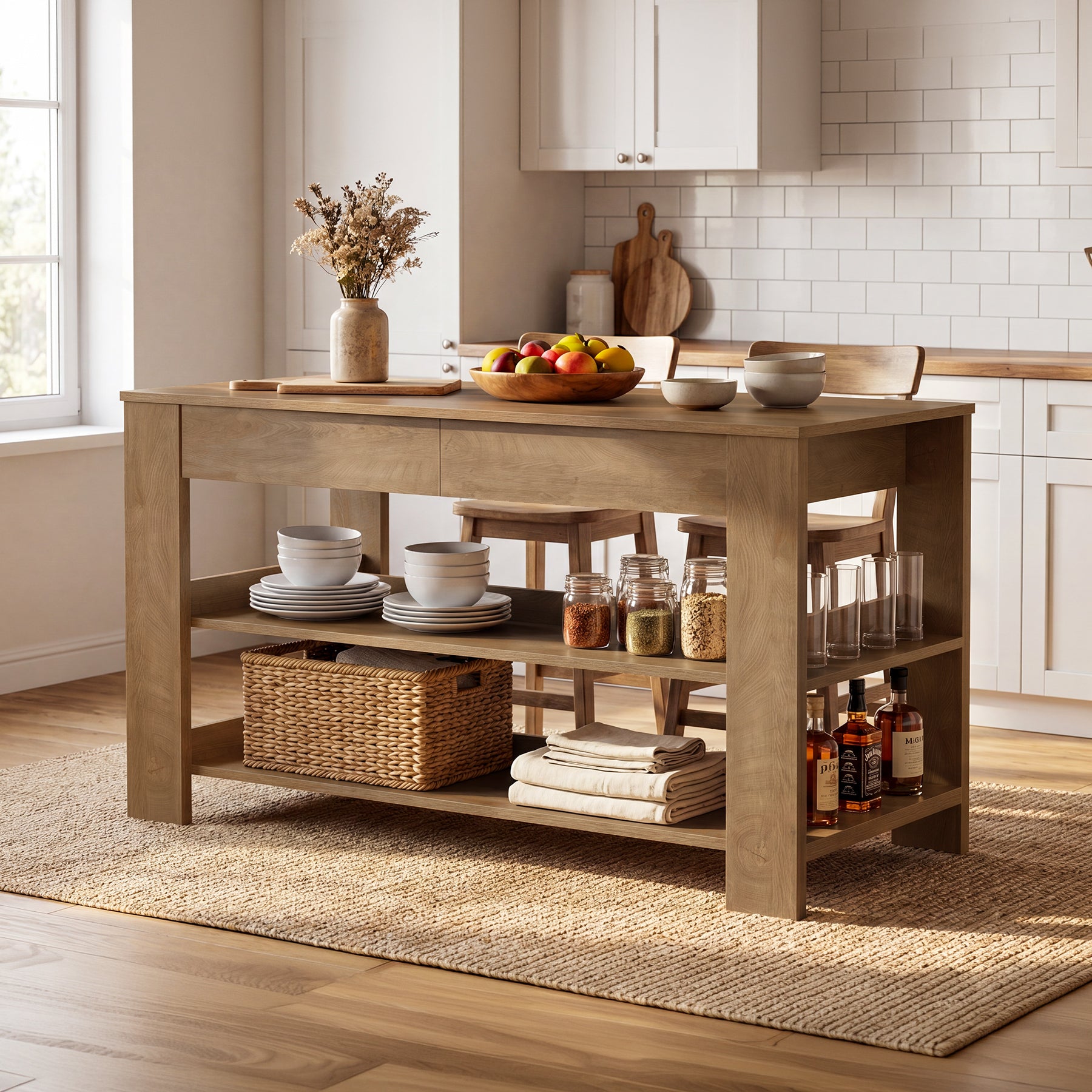 55" Farmhouse Kitchen Island with 2 Drawers & Open Storage Shelves, Stationary Kitchen Island Table