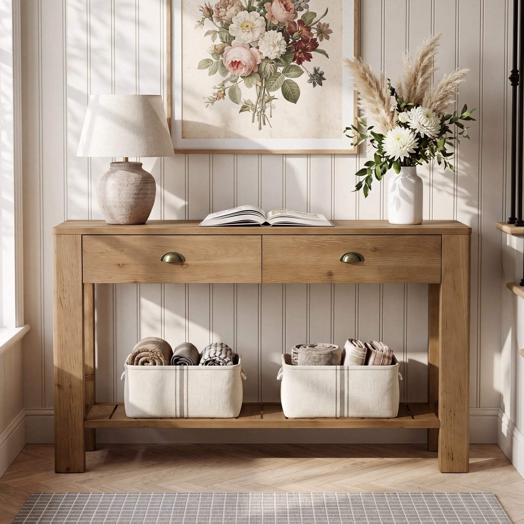 55" Solid Wood Console Table, Narrow Entryway Table with 2 Drawers & Storage Shelf,