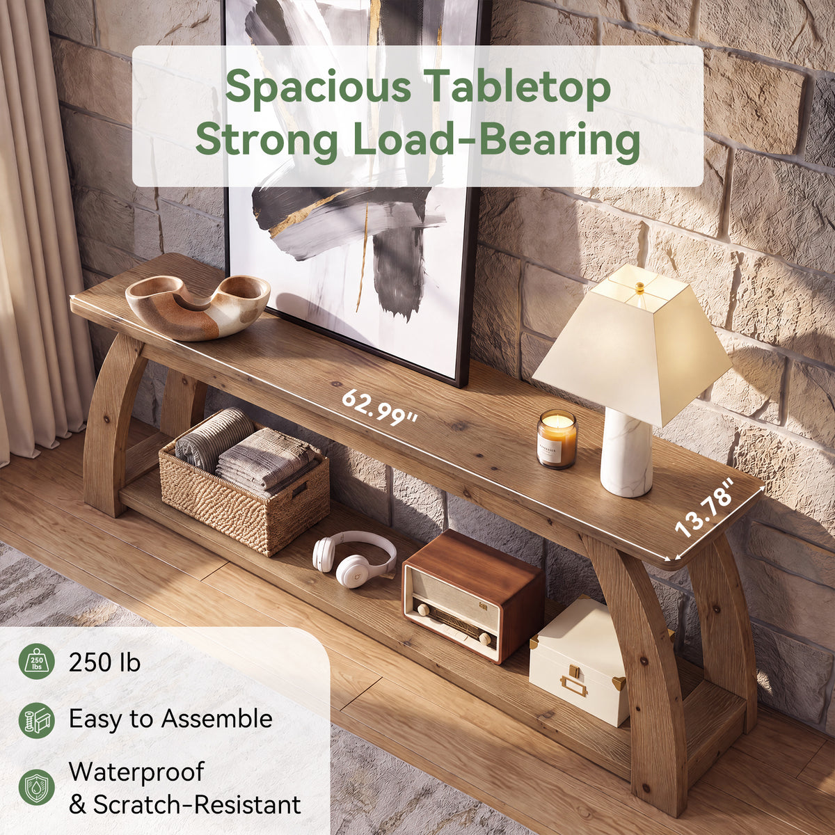 63" Solid Wood TV Stand for up to 75" TVs, 2-Tier Entertainment Center with Open Storage
