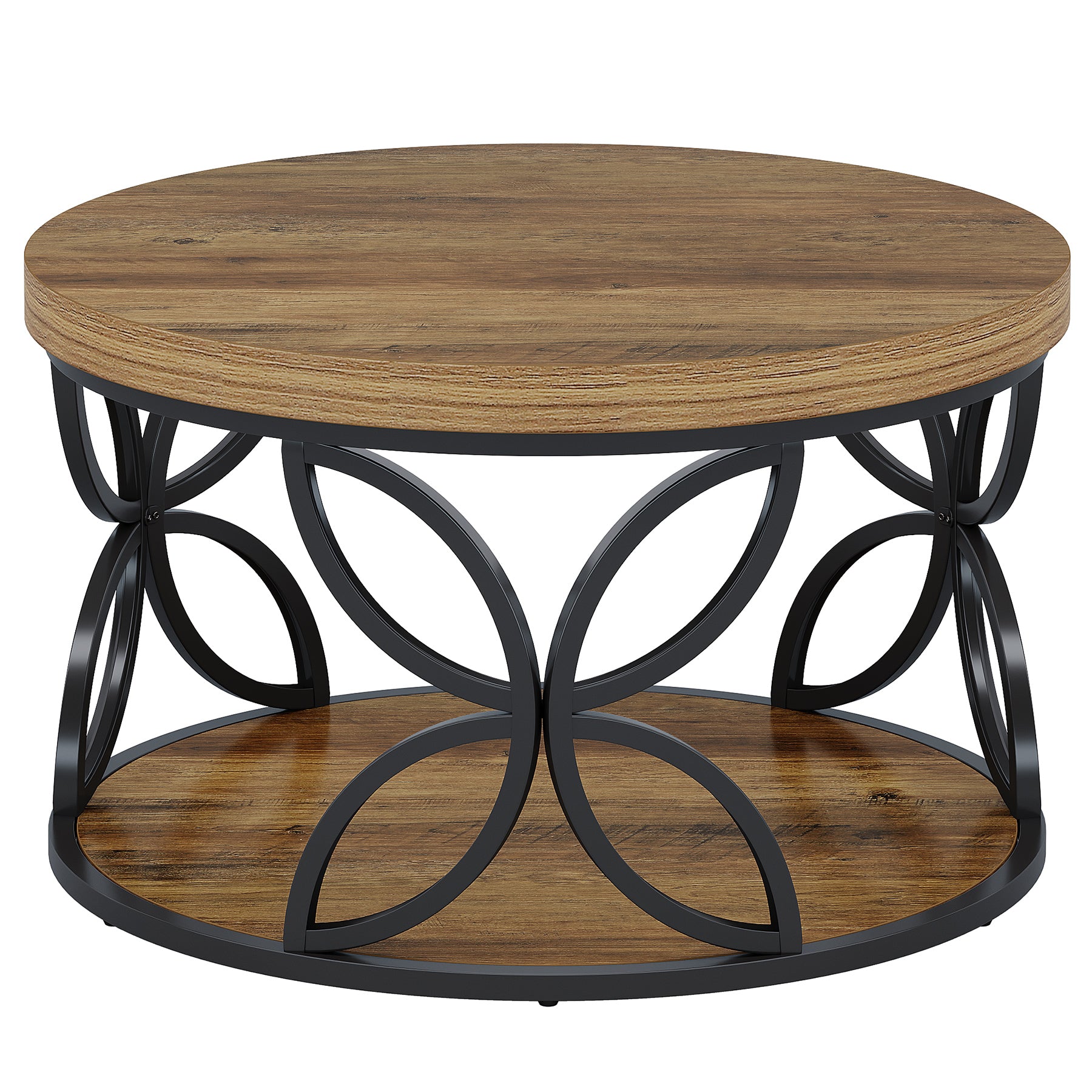 2-Tier Round Coffee Table, 31.5" Industrial Accent Tea Table with Metal Frame