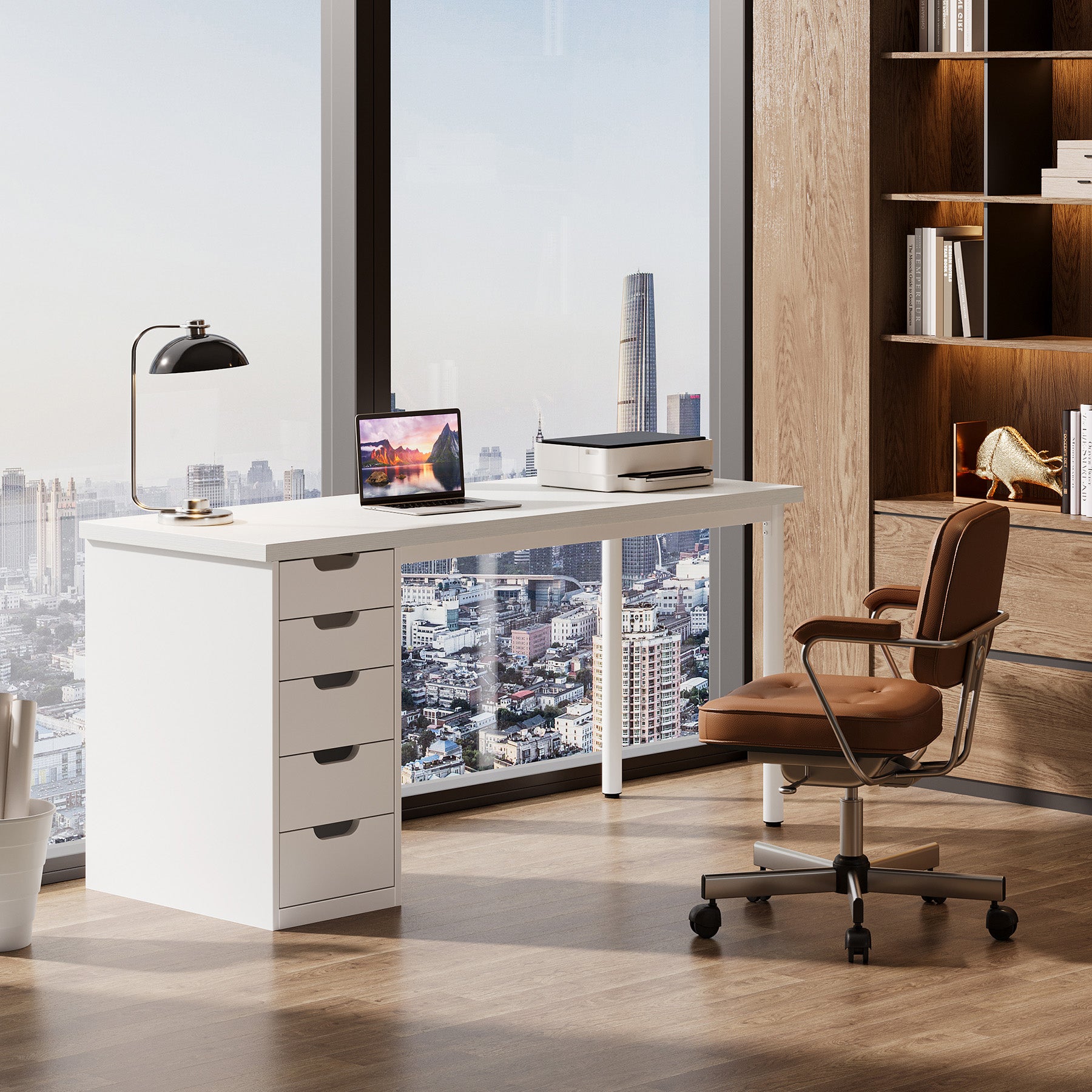 Tribesigns 47" Computer Desk with 5 Reversible Drawers, Rustic Home Office Workstation