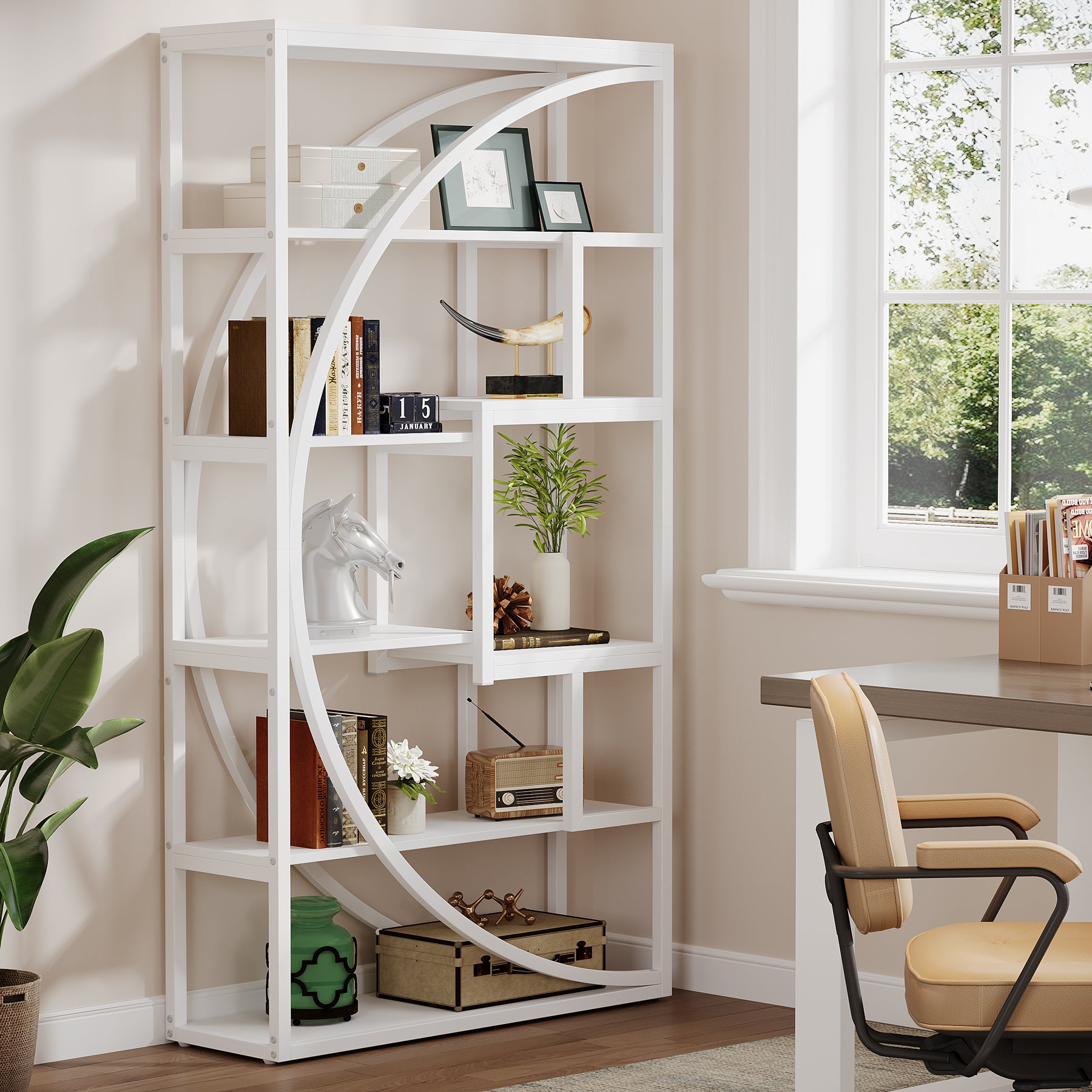 70.8” Tall Modern Geometric Bookcase, 5-Tier Etagere with 8 Open Shelves