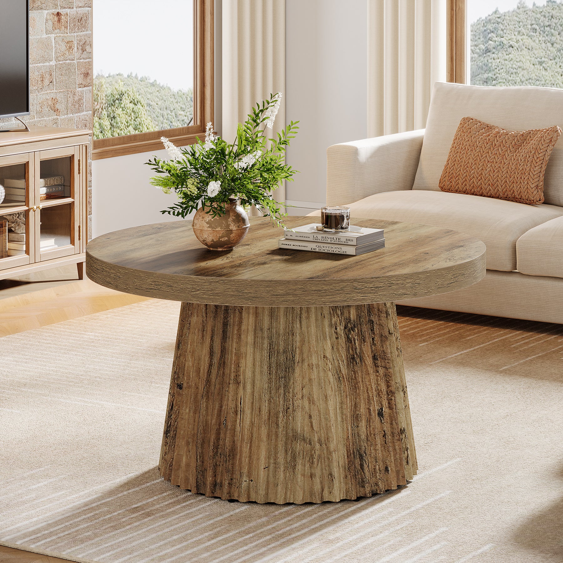 Round Coffee Table, 31.5" Circle Center Table with Fluted Drum Base