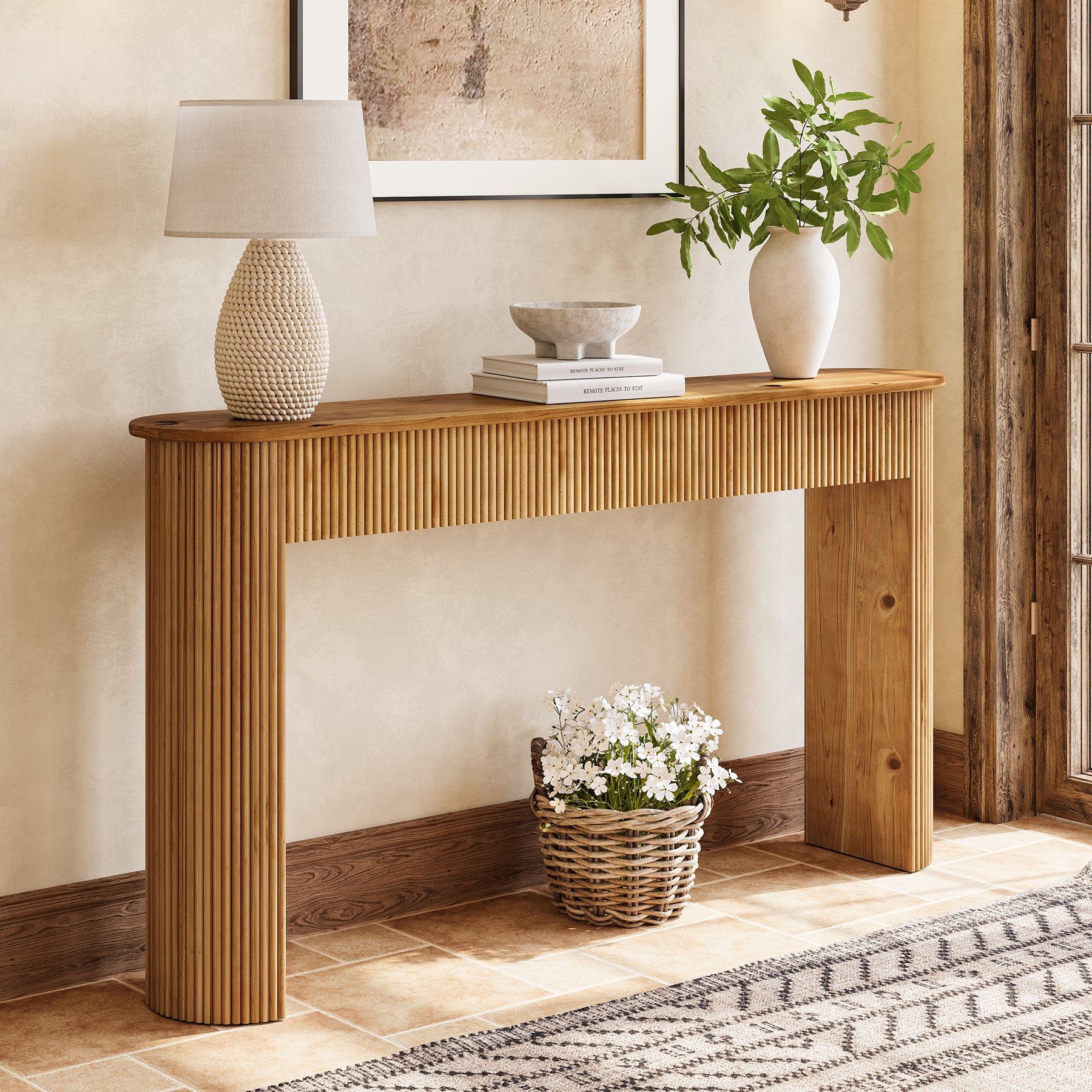 Solid Wood Console Table, 63" Retro Entryway Table with Vertical Fluted Stripes