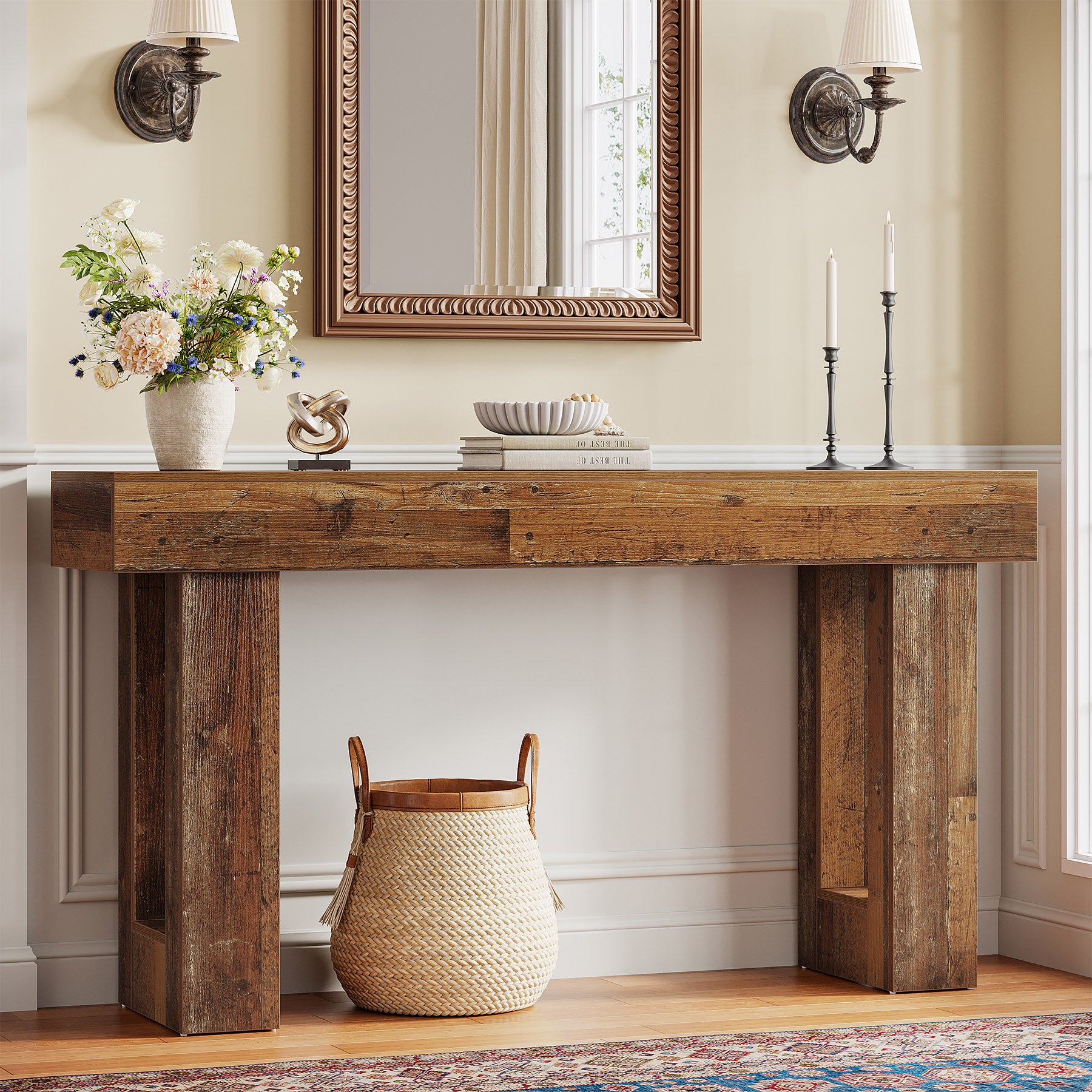 63" Console Table, Rectangular Sofa Table with Thick Legs Behind Couch